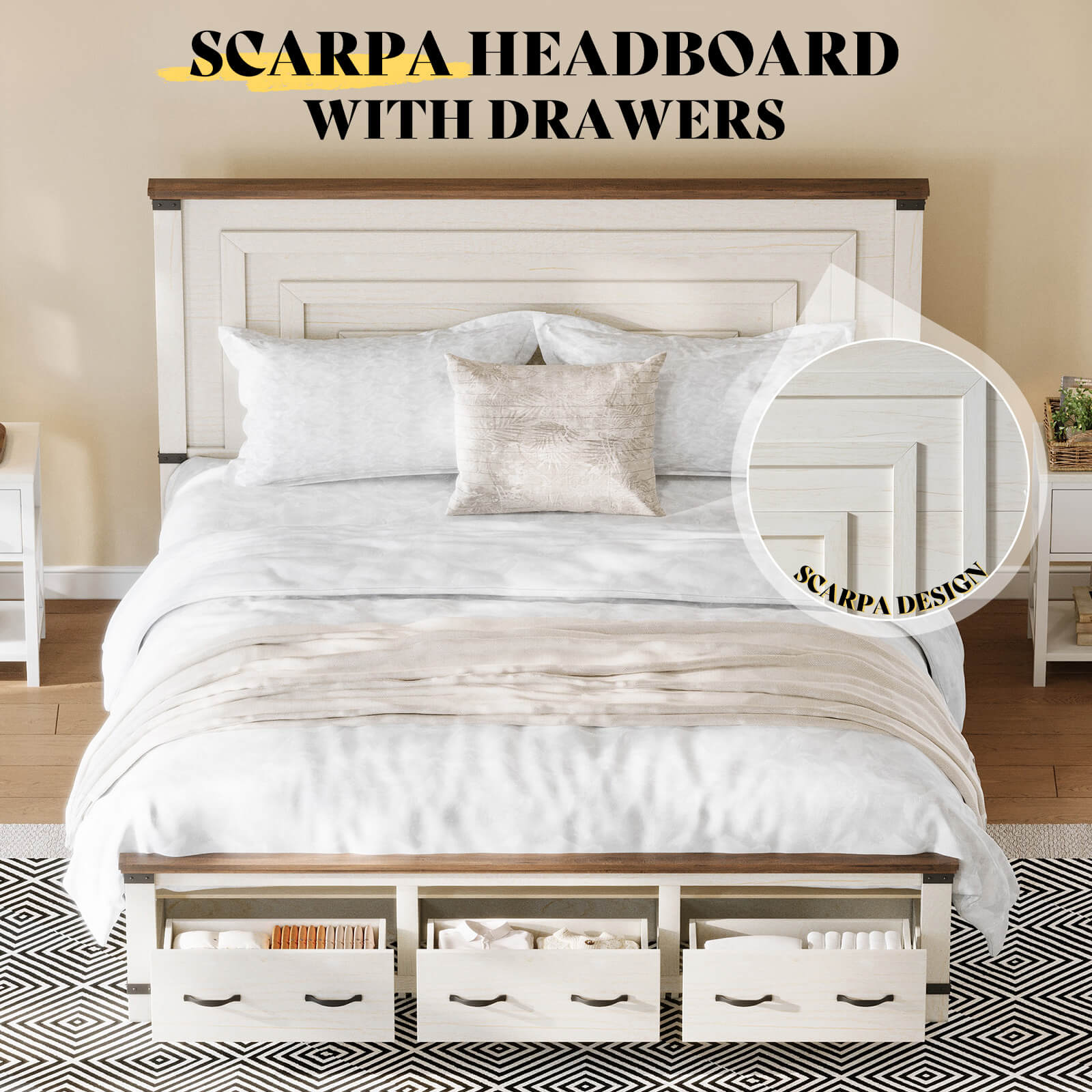 Quin Bed Frame Farmhouse Storage Bed - KingRusticWhite