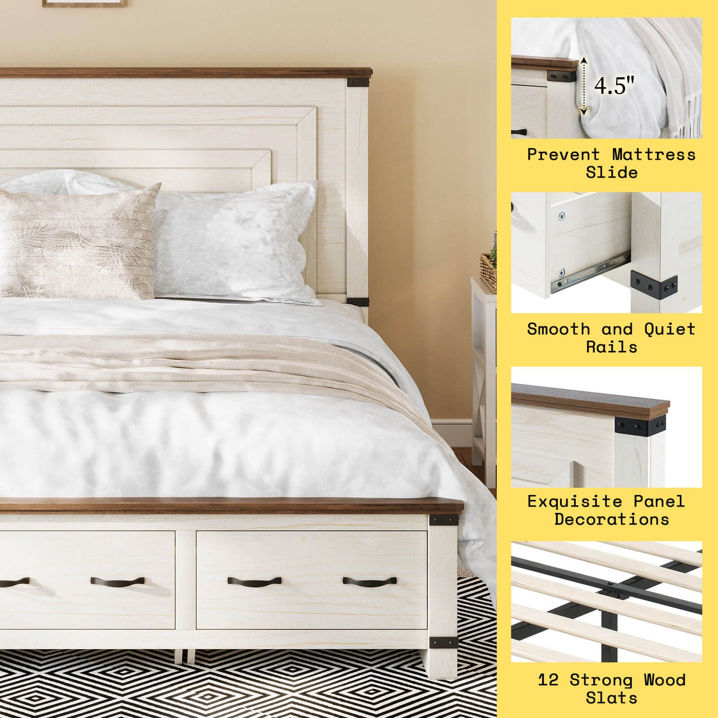 Quin Bed Frame Farmhouse Storage Bed - KingRusticWhite