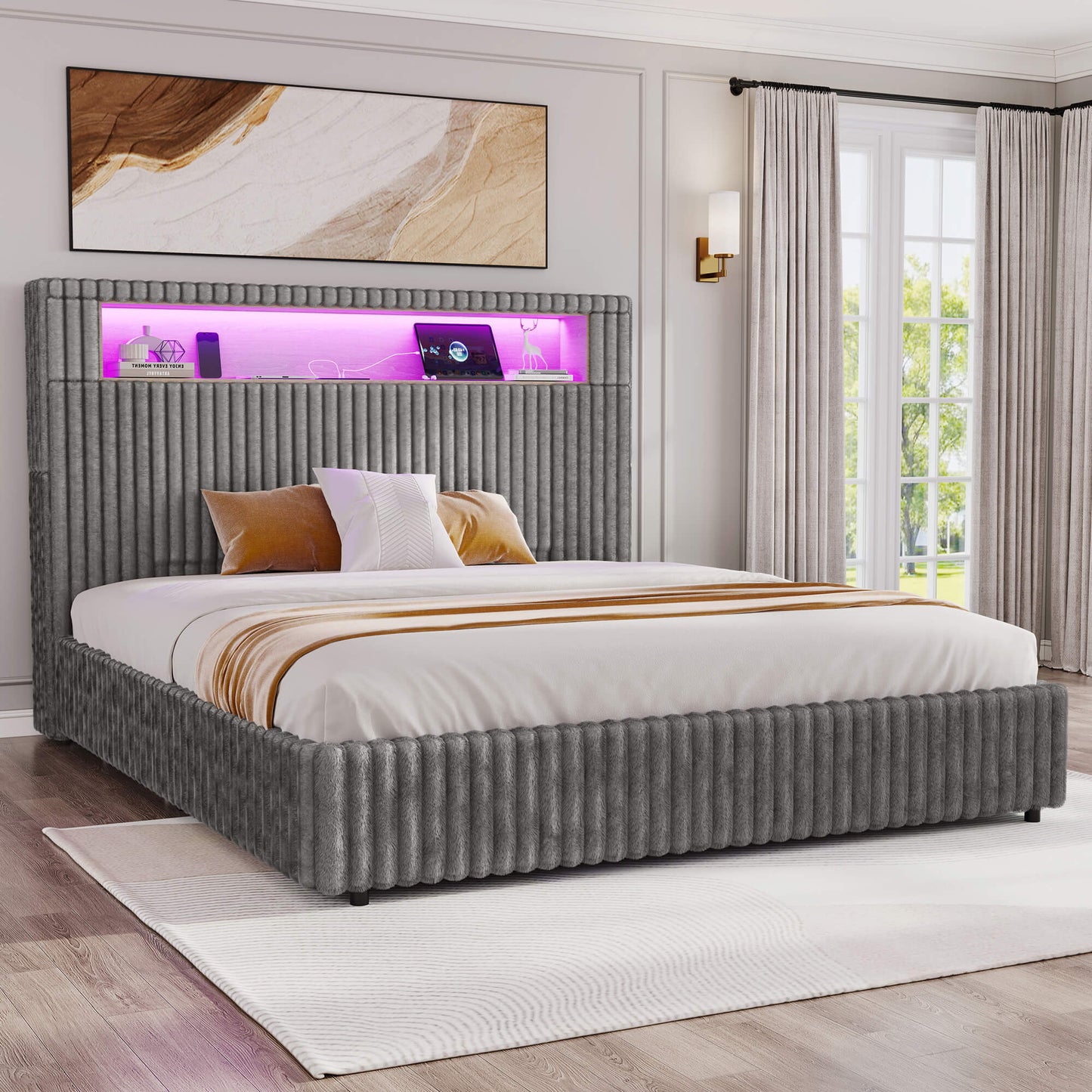 Chic Faux-Fur Storage Bed Frame -Queen/Grey