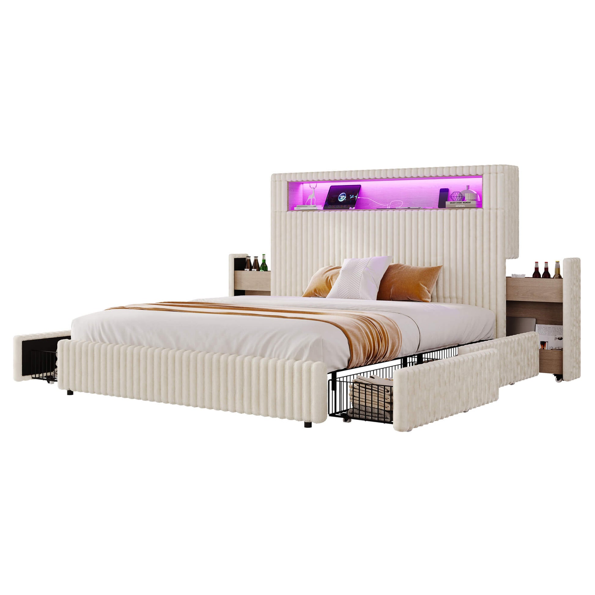 Chic Faux-Fur Storage Bed Frame -Queen/White