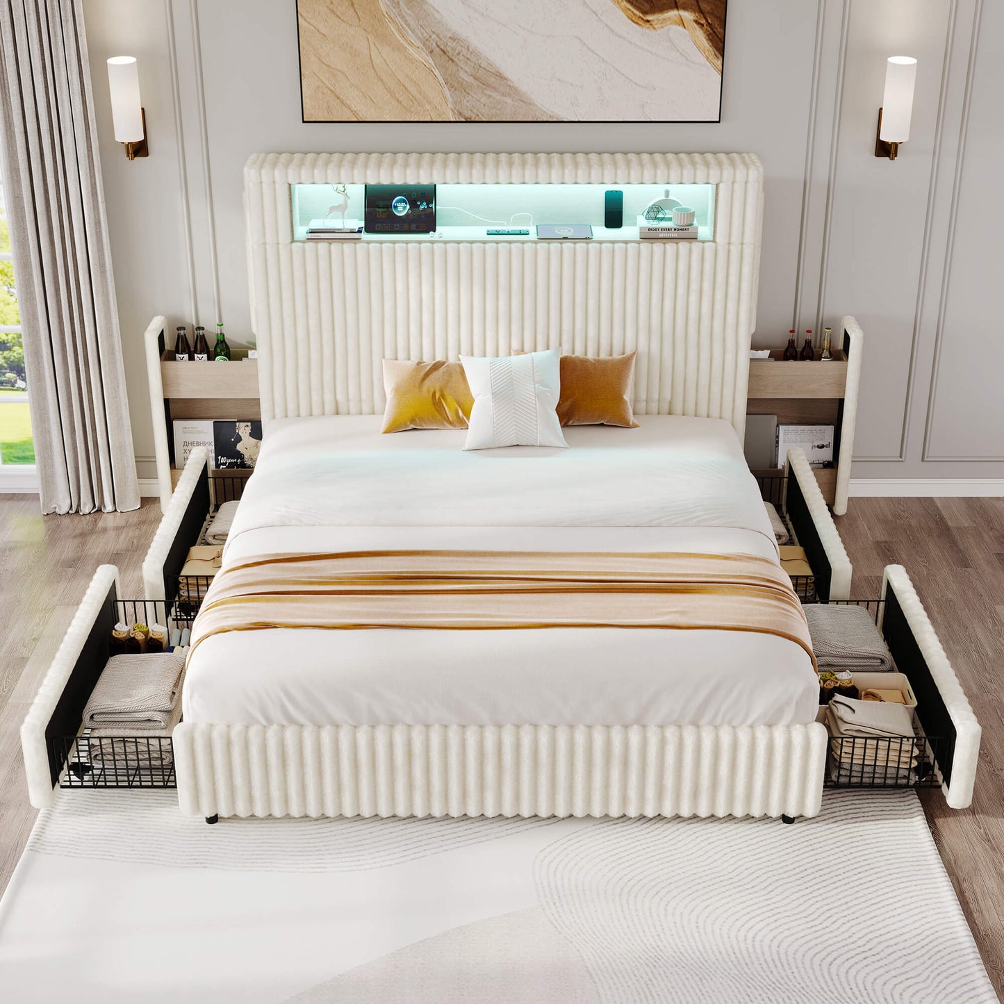 Chic Faux-Fur Storage Bed Frame -Queen/White