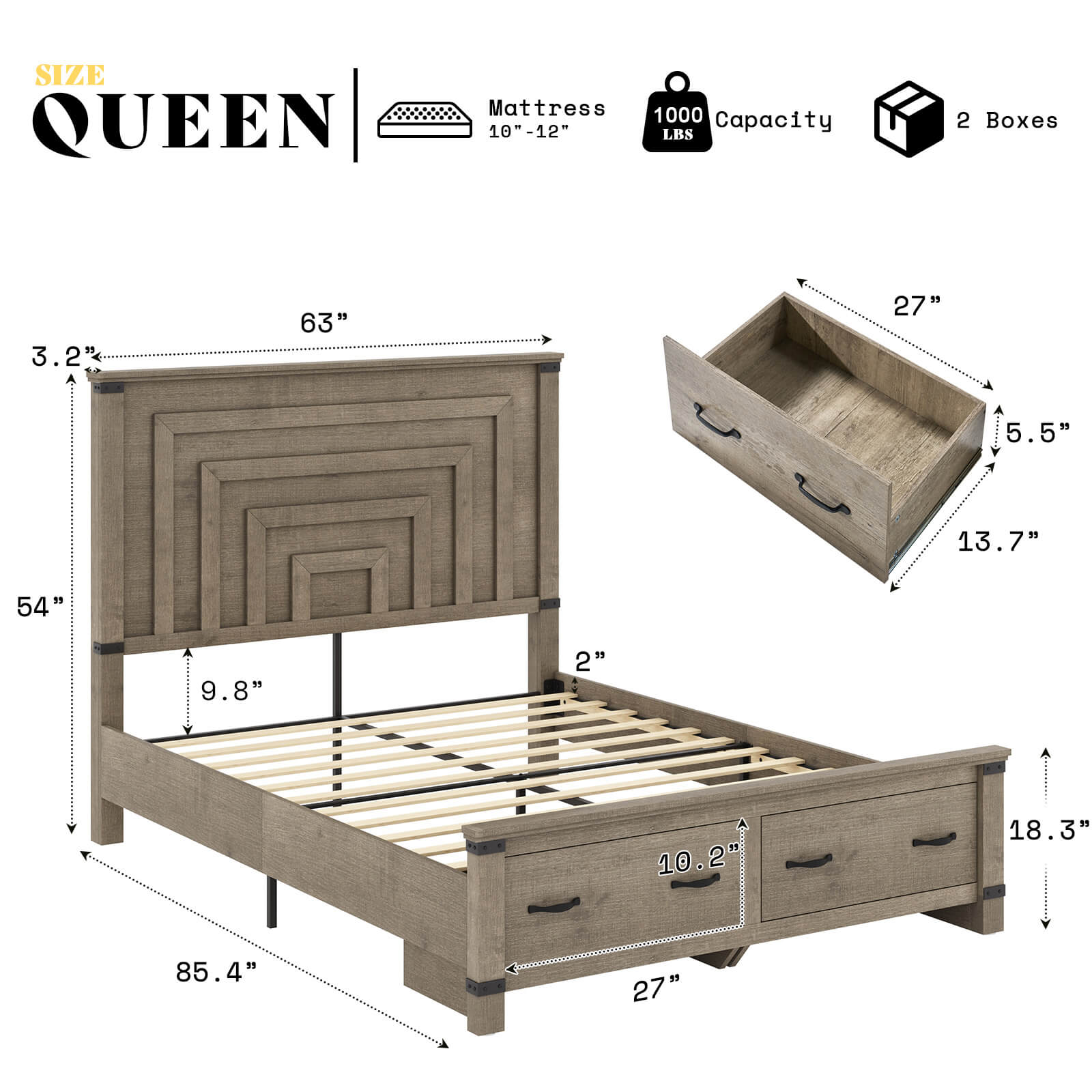 Quin Bed Frame Farmhouse Storage Bed - QueenRusticGrey
