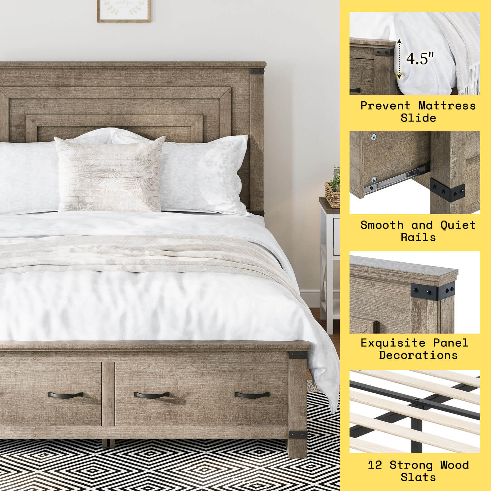 Quin Bed Frame Farmhouse Storage Bed - QueenRusticGrey
