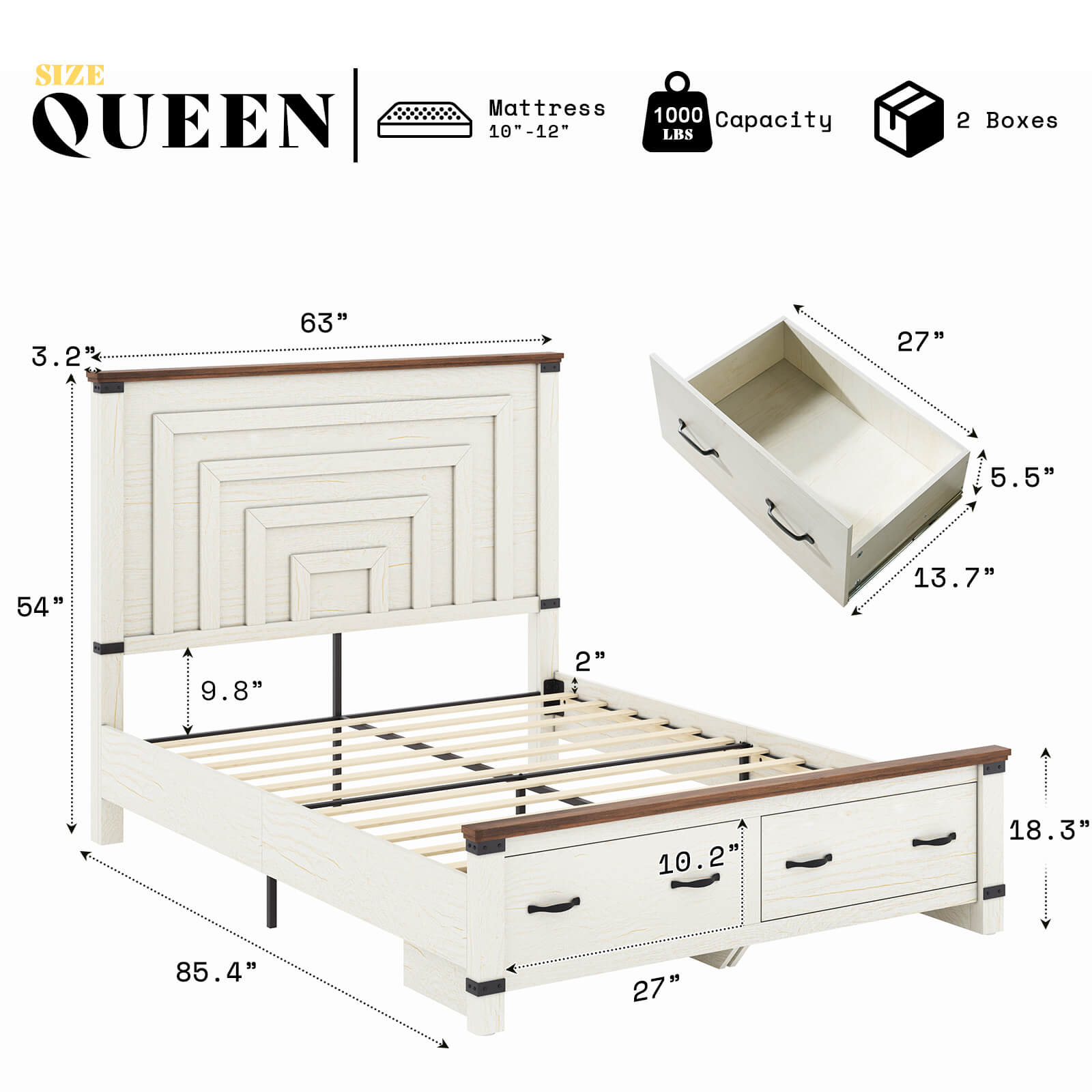 Quin Bed Frame Farmhouse Storage Bed - QueenRusticWhite