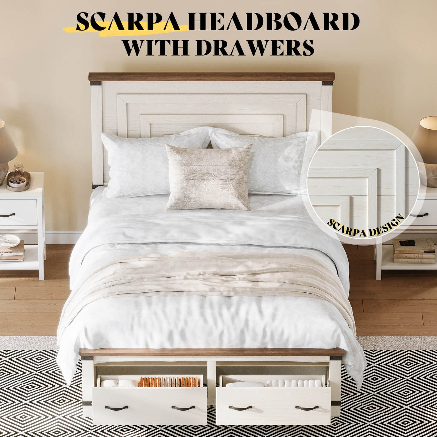 Quin Bed Frame Farmhouse Storage Bed - QueenRusticWhite