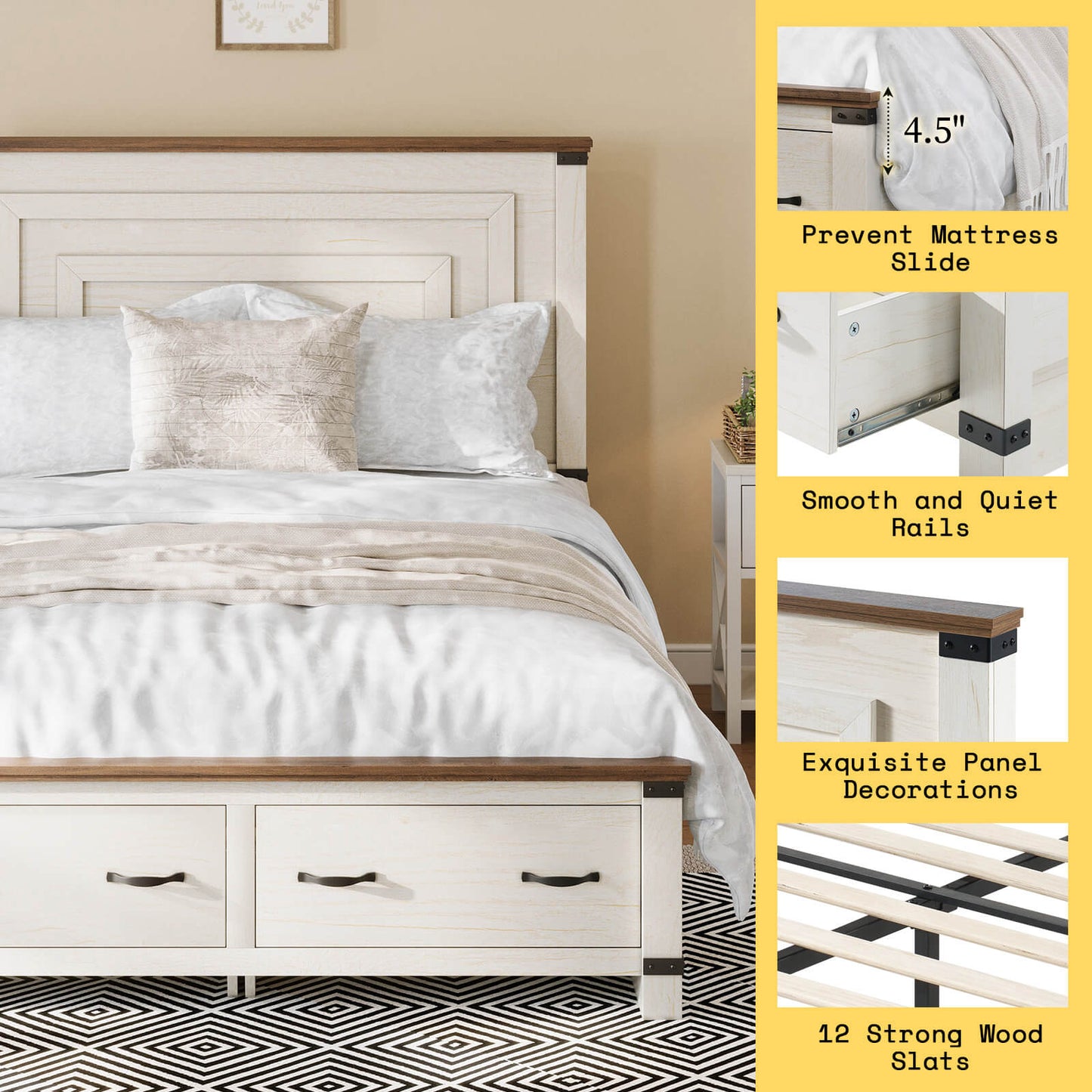 Quin Bed Frame Farmhouse Storage Bed - QueenRusticWhite