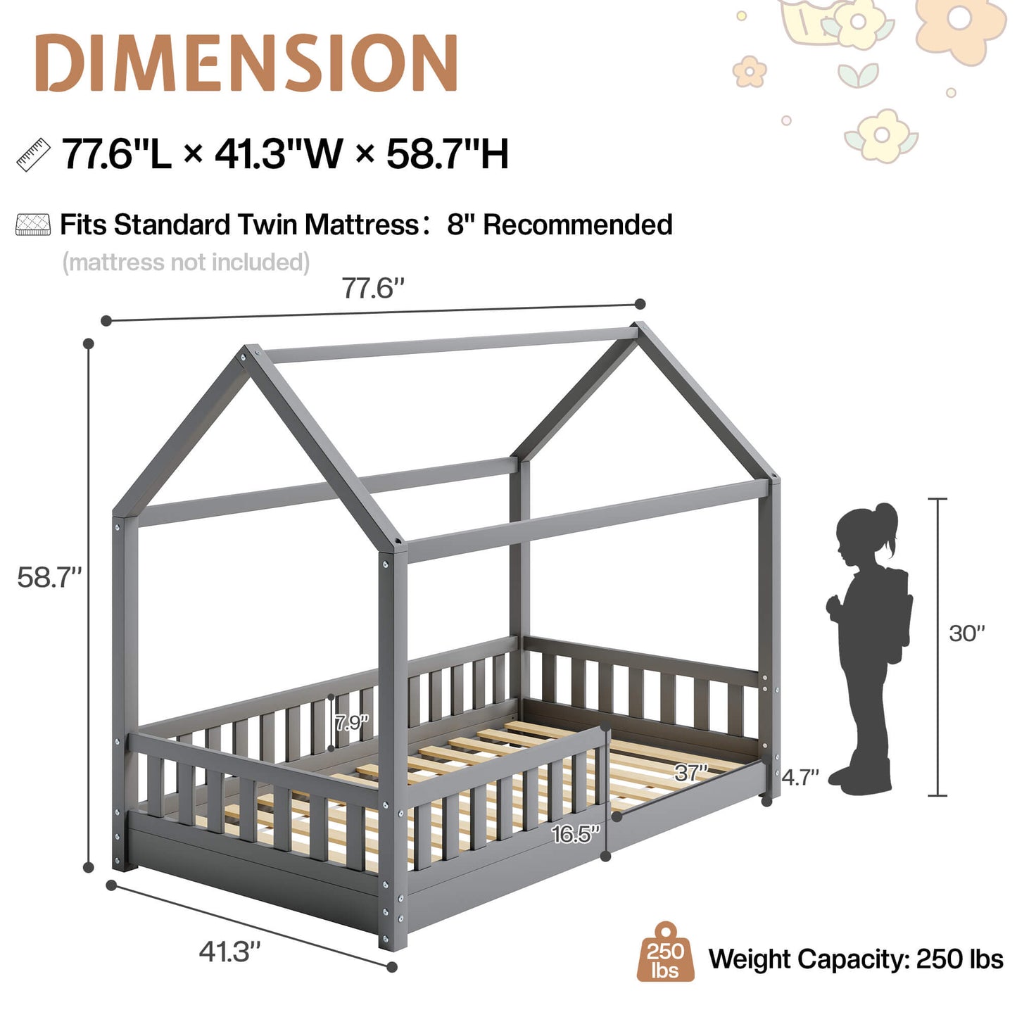 Jocisland Twin Montessori Kids House Bed - Grey