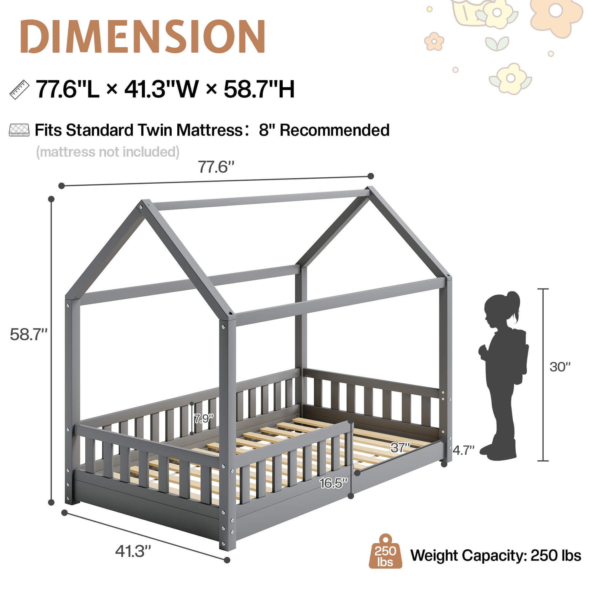 Jocisland Twin Montessori Kids House Bed - Grey