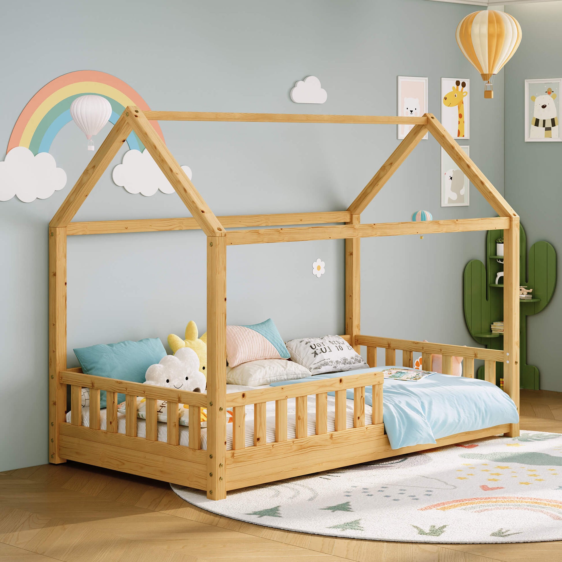 Jocisland Twin Montessori Kids House Bed - Natural Wood