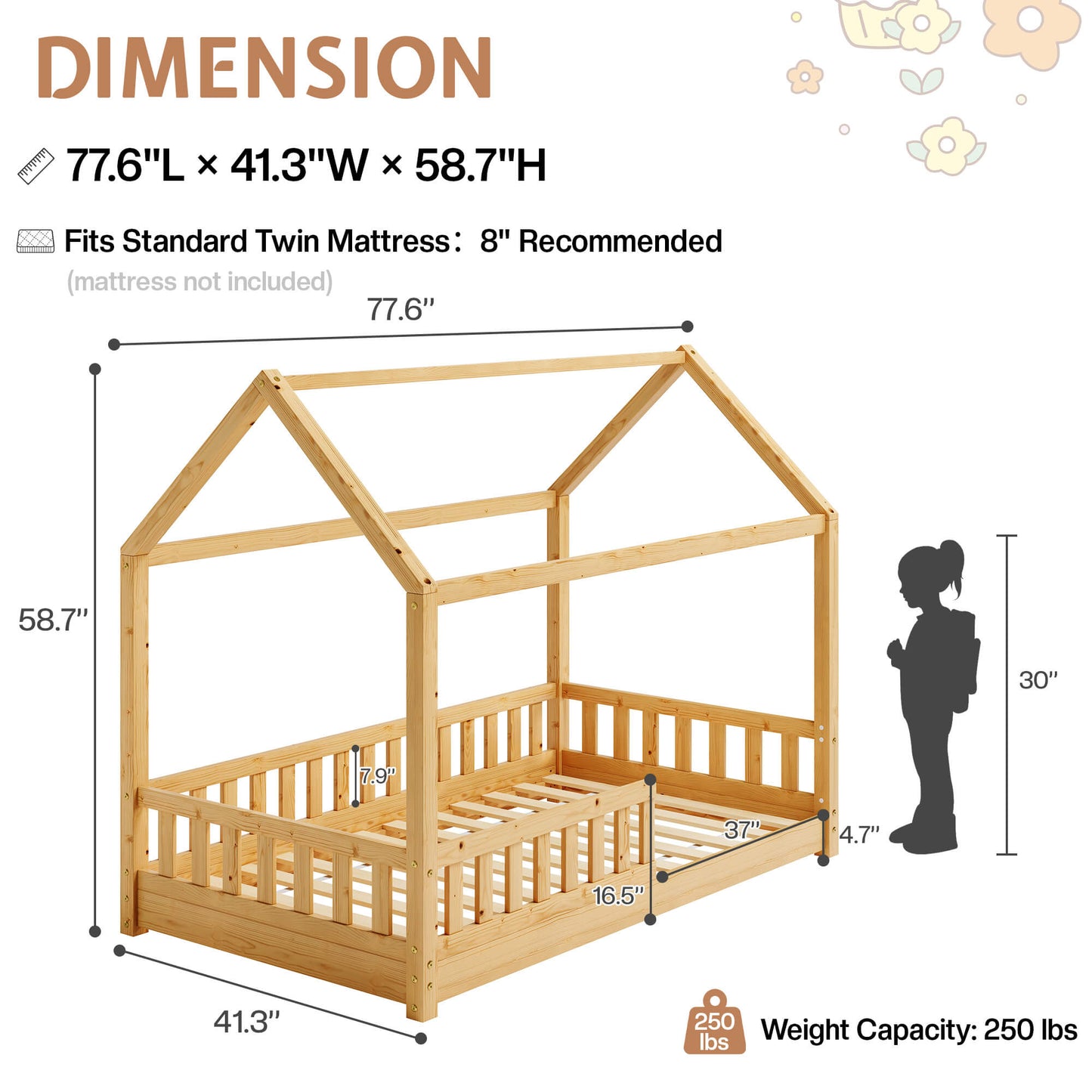 Jocisland Twin Montessori Kids House Bed - Natural Wood