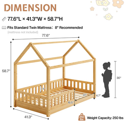 Jocisland Twin Montessori Kids House Bed - Natural Wood
