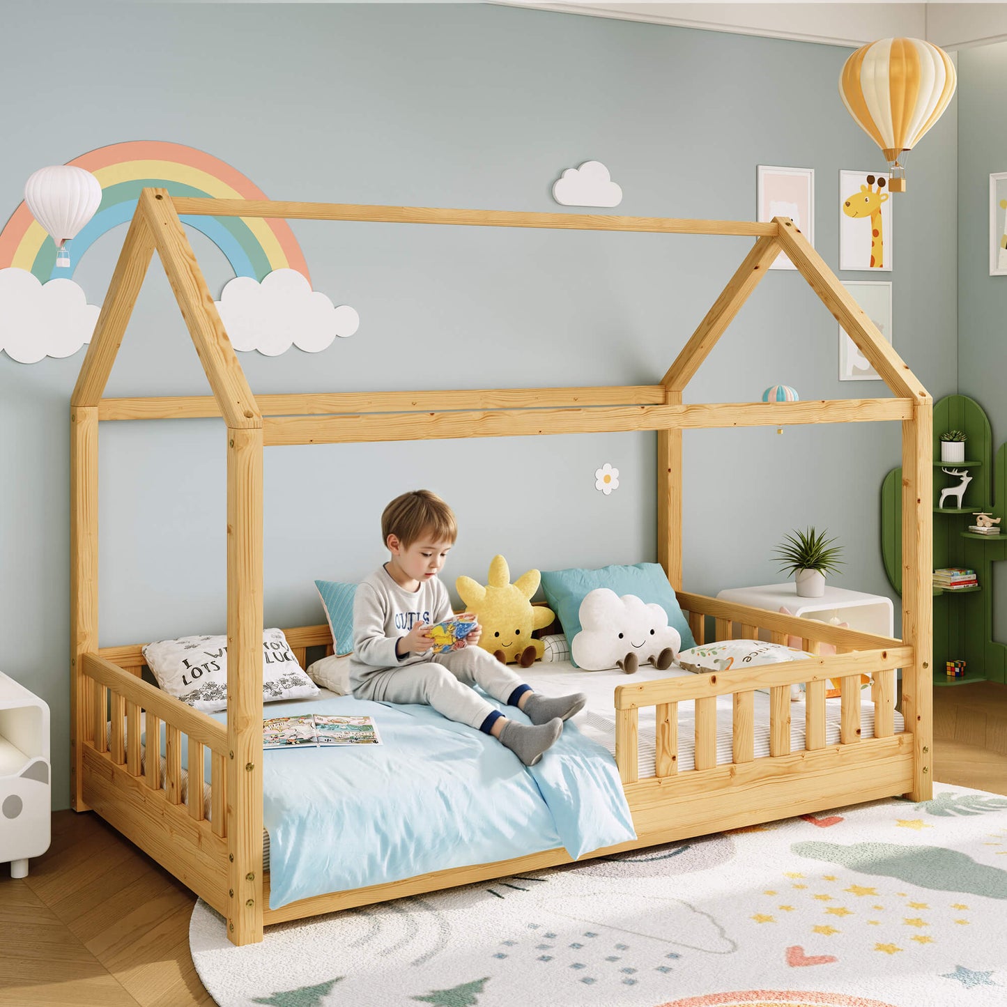 Jocisland Twin Montessori Kids House Bed - Natural Wood