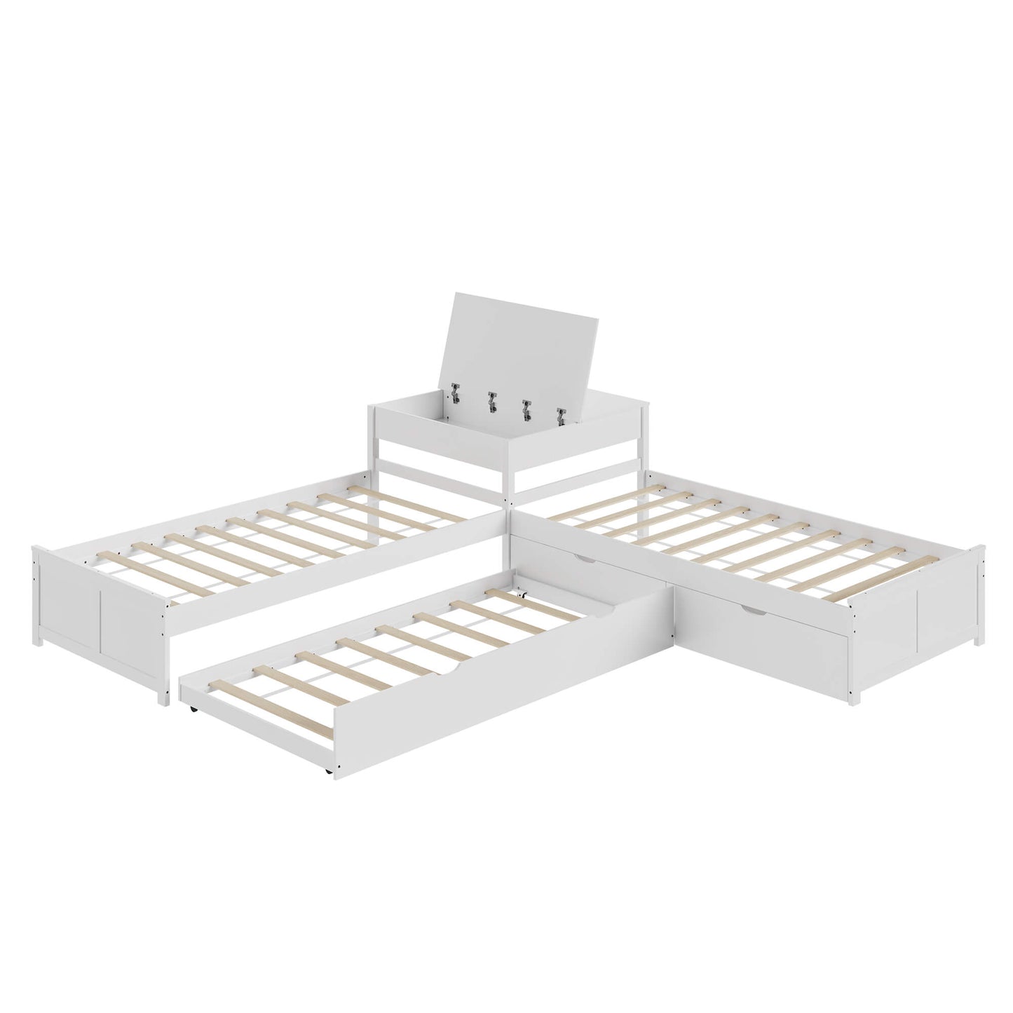 Winglam L-Shaped Twin Trundle Bed Frame -White