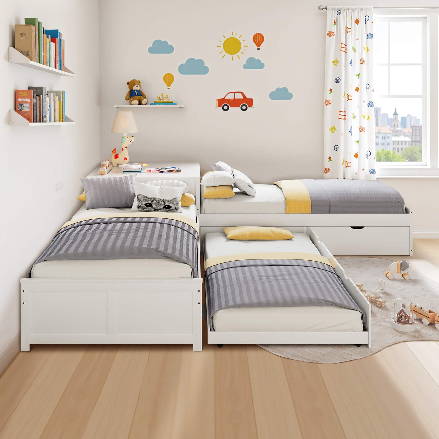 Winglam L-Shaped Twin Trundle Bed Frame -White