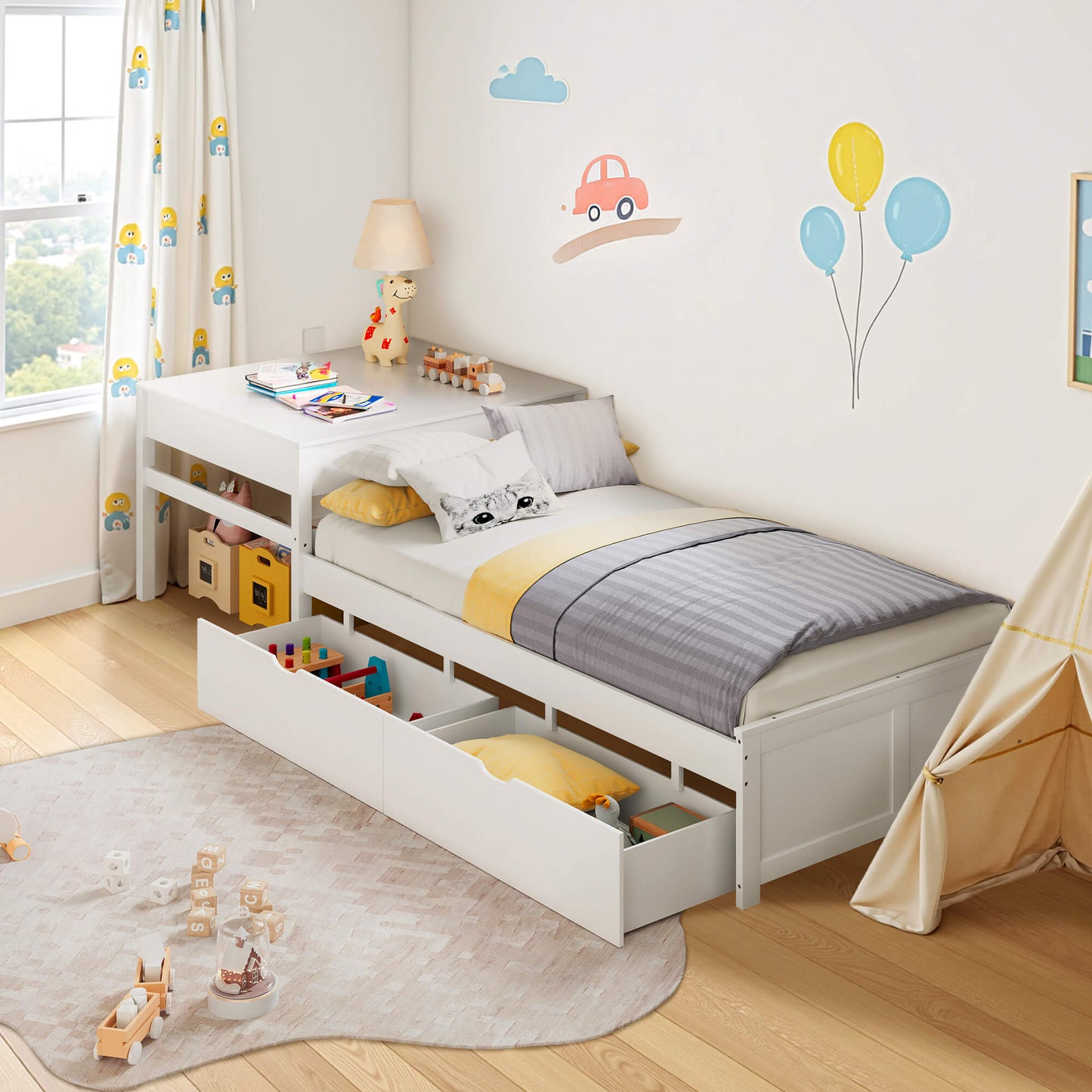 Winglam L-Shaped Twin Trundle Bed Frame -White