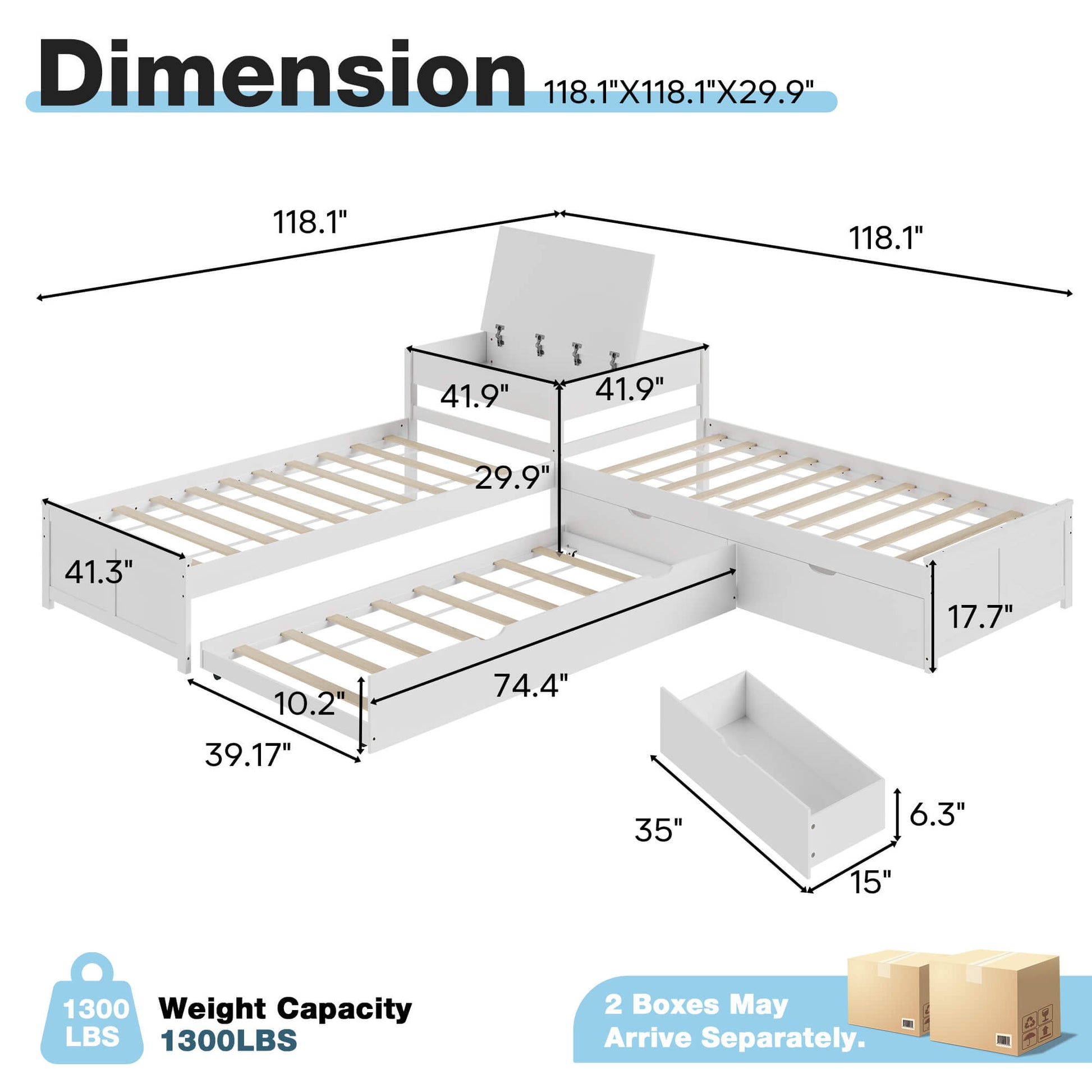 Winglam L-Shaped Twin Trundle Bed Frame -White