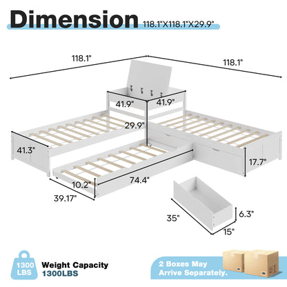 Winglam L-Shaped Twin Trundle Bed Frame -White