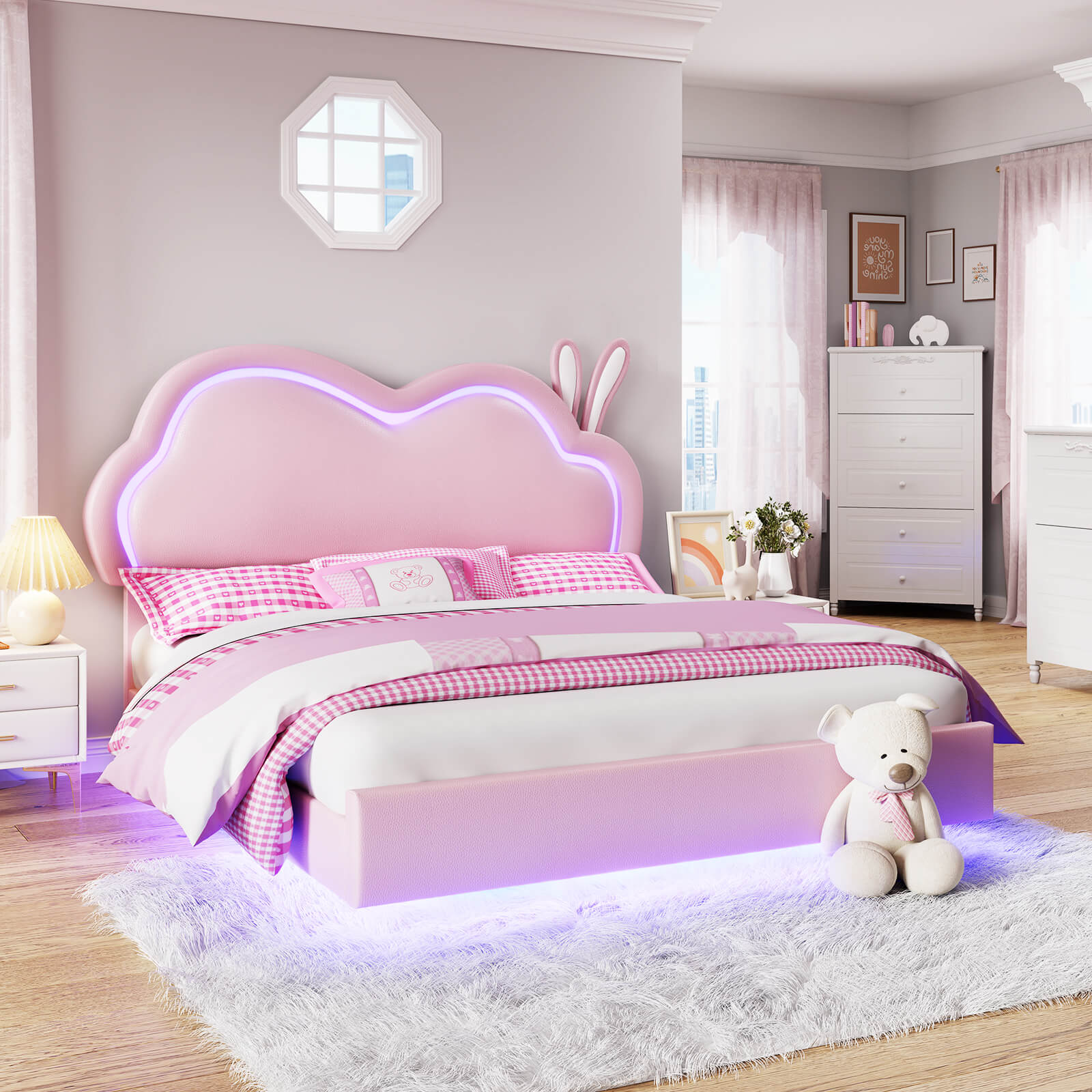 Luna Twin Bed Frame, Floating Bed with Cute Cloud Headboard - Bed frame-Luna-BUB021-F-Pink-Amerlife