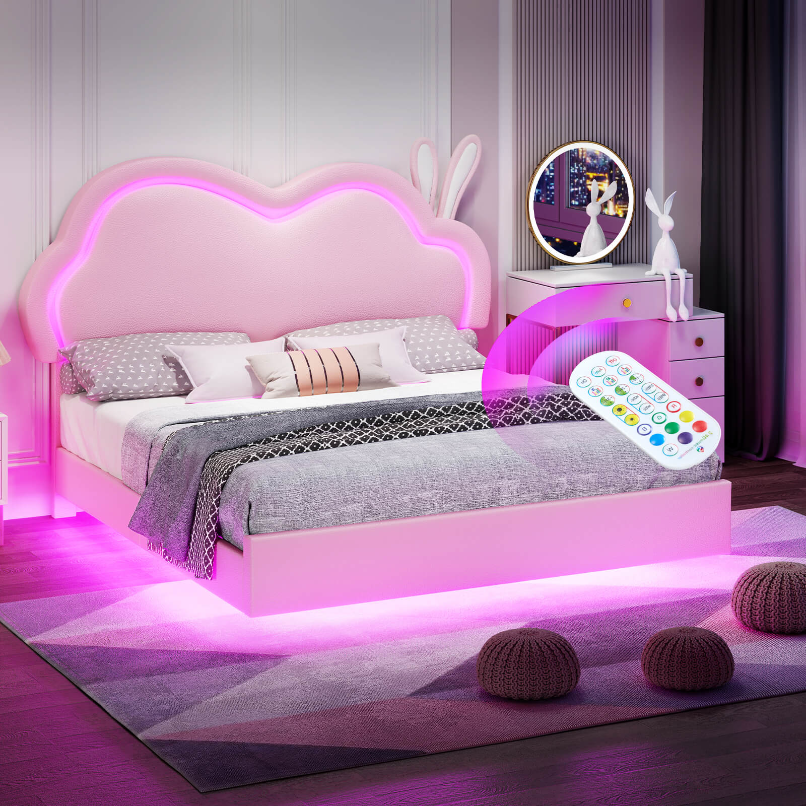 Luna Twin Bed Frame, Floating Bed with Cute Cloud Headboard - Bed frame-Luna-BUB021-F-Pink-Amerlife