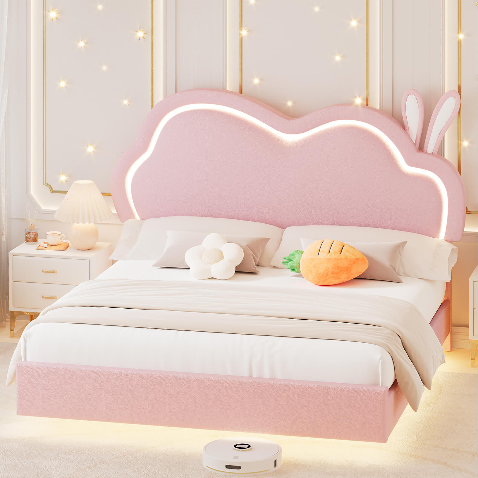 Luna Twin Bed Frame, Floating Bed with Cute Cloud Headboard - Bed frame-Luna-BUB021-F-Pink-Amerlife