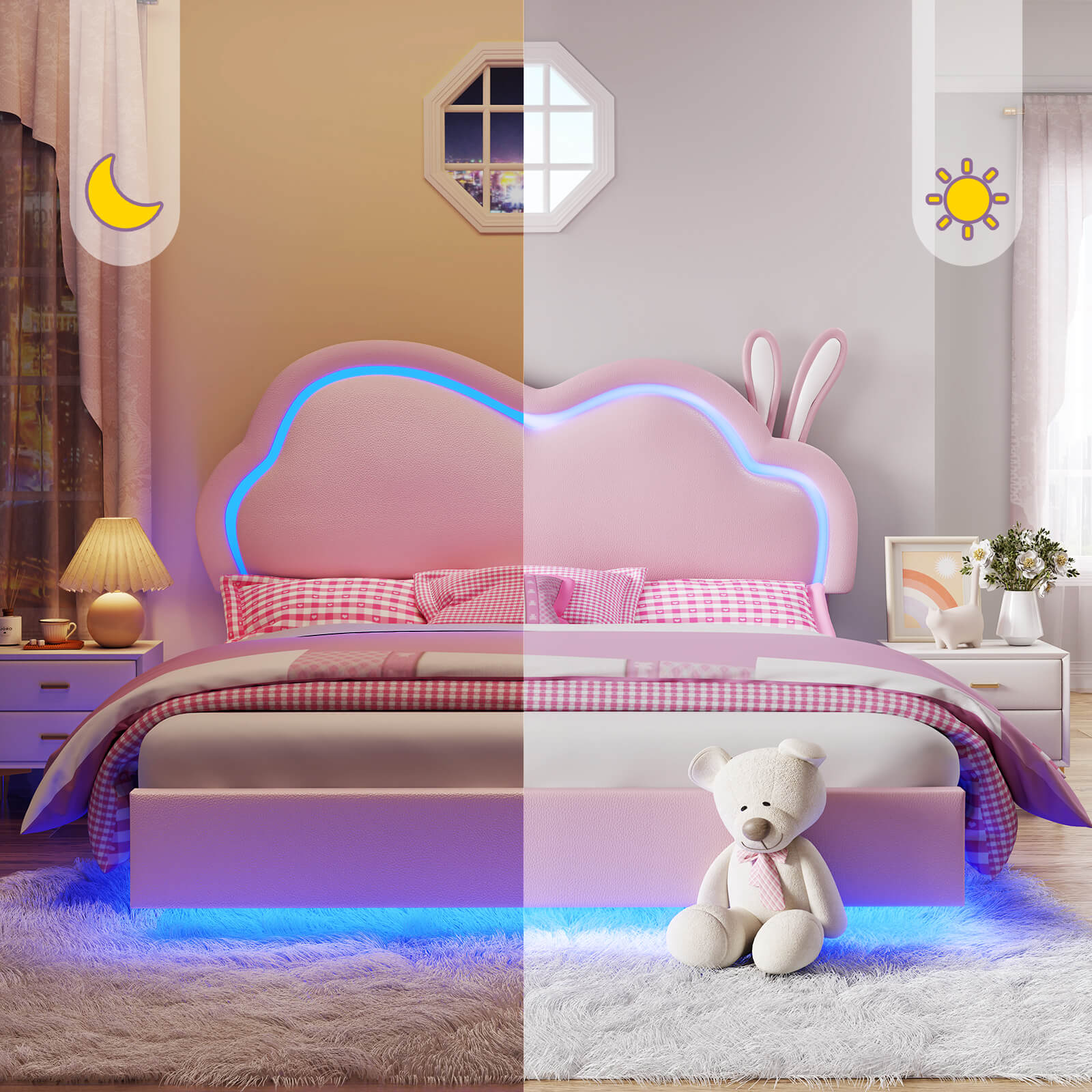 Luna Twin Bed Frame, Floating Bed with Cute Cloud Headboard - Bed frame-Luna-BUB021-F-Pink-Amerlife