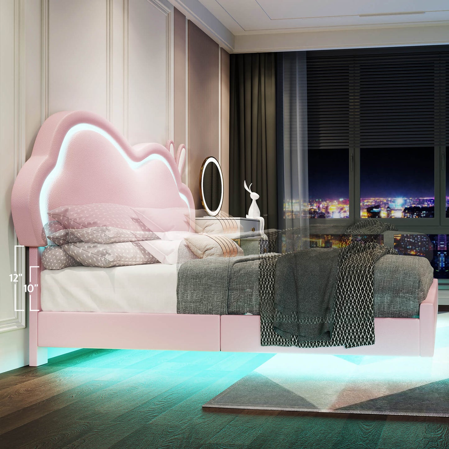 Luna Twin Bed Frame, Floating Bed with Cute Cloud Headboard - Bed frame-Luna-BUB021-F-Pink-Amerlife