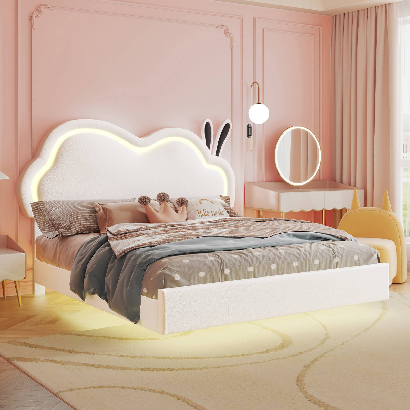 Luna Twin Bed Frame, Floating Bed with Cute Cloud Headboard - Bed frame-Luna-BUB021-F-White-Amerlife