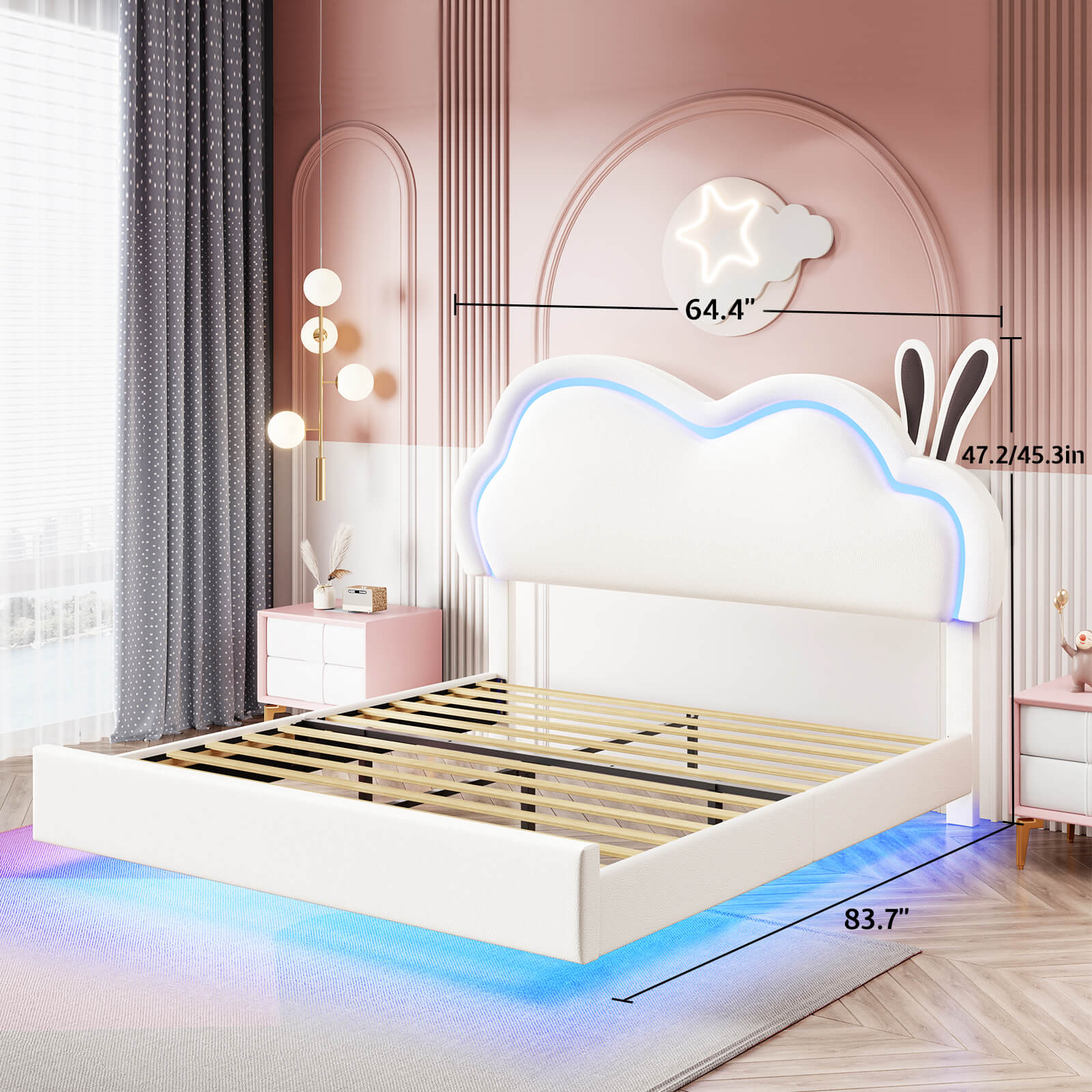 Luna Twin Bed Frame, Floating Bed with Cute Cloud Headboard - Bed frame-Luna-BUB021-Q-White-Amerlife