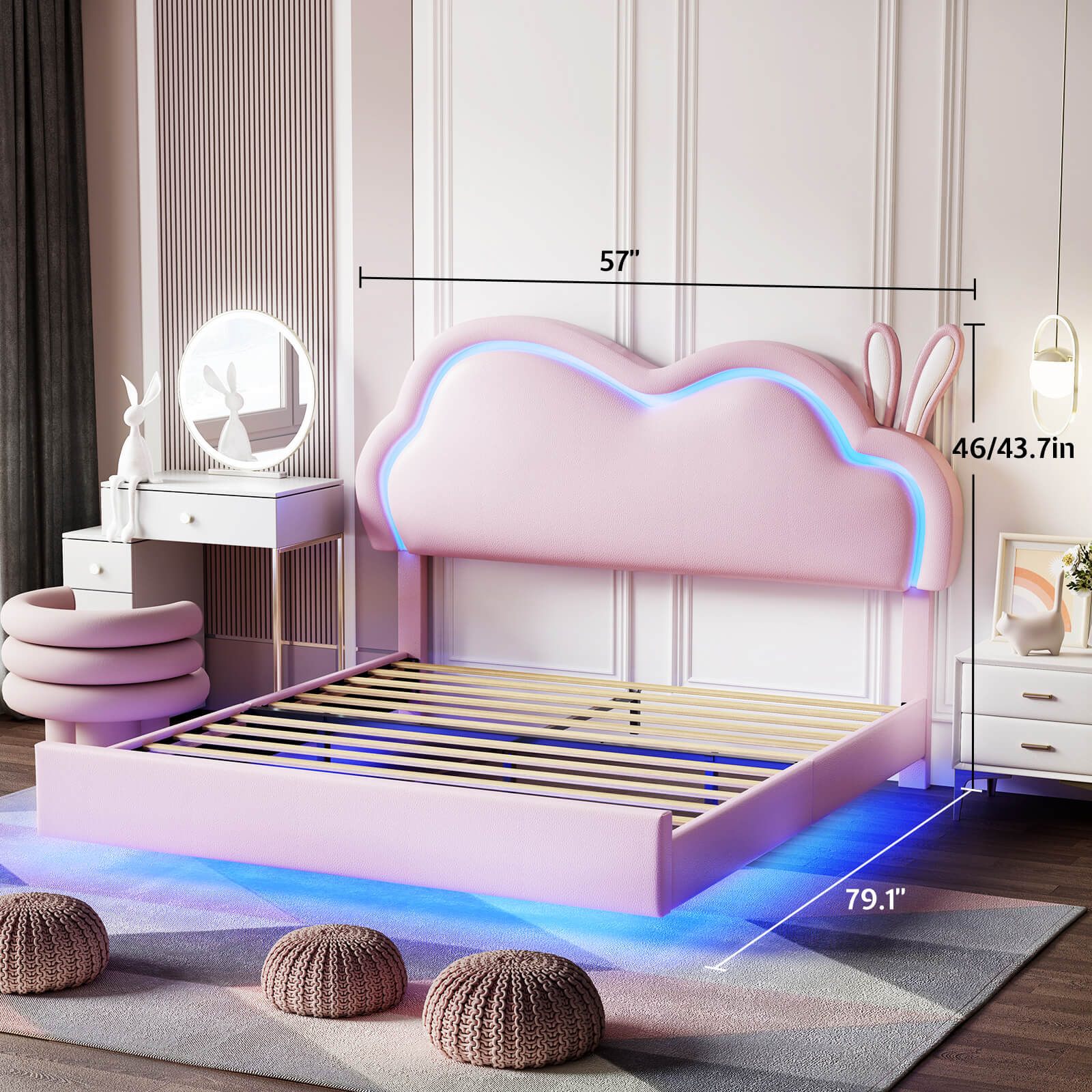 Luna Twin Bed Frame, Floating Bed with Cute Cloud Headboard - Bed frame-Luna-BUB021-F-Pink-Amerlife