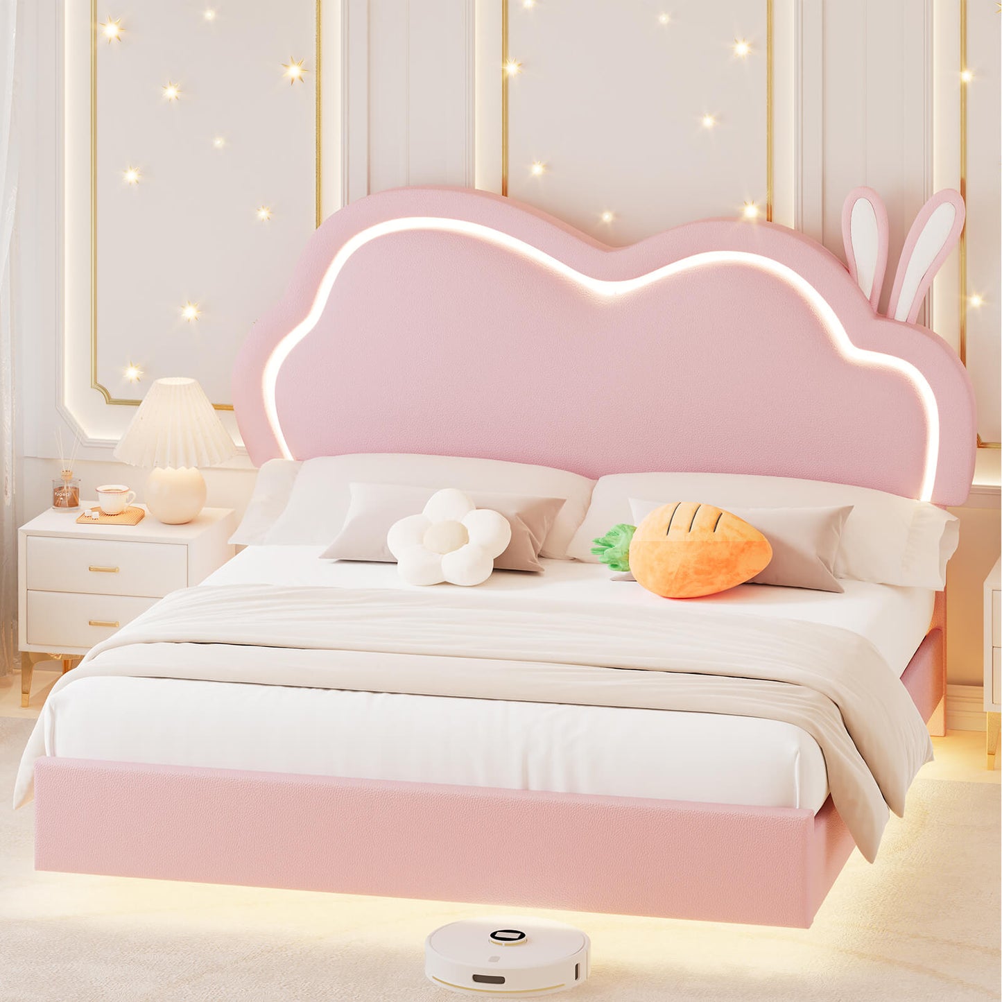 Luna Twin Bed Frame, Floating Bed with Cute Cloud Headboard - Bed frame-Luna-BUB021-T-Pink-Amerlife