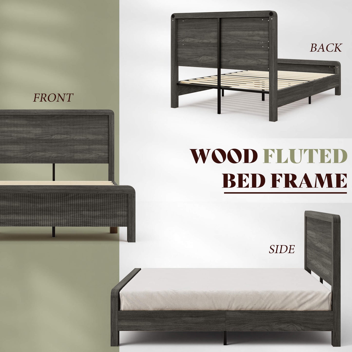 Fluvia Modern Fluted Wood Bed Frame-Black
