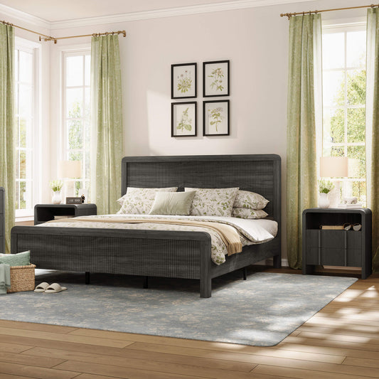 Fluvia Modern Fluted Wood Bed Frame - black