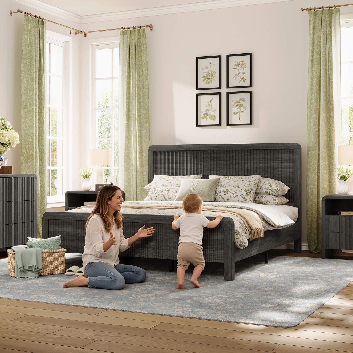 Fluvia Modern Fluted Wood Bed Frame-Black