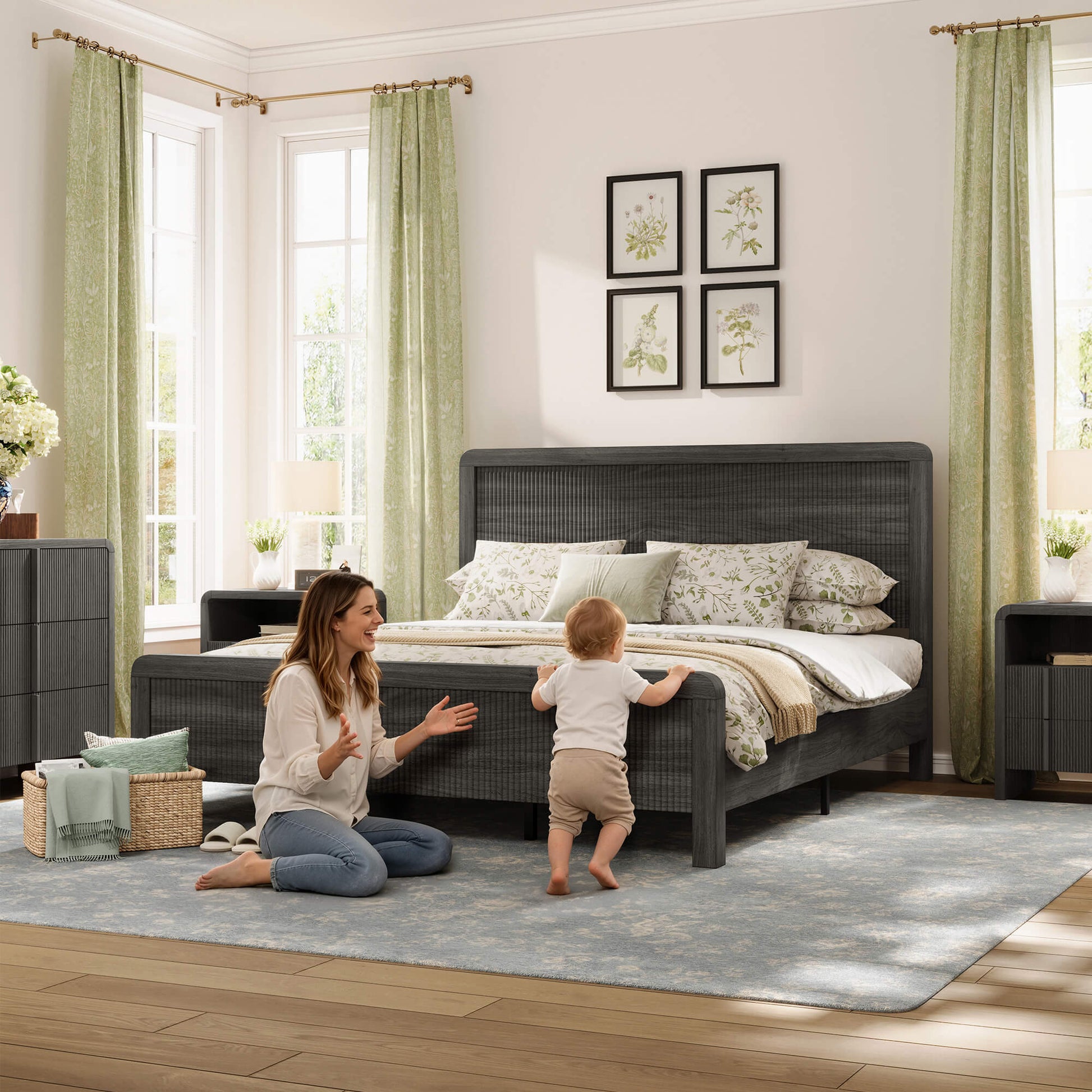 Fluvia Modern Fluted Wood Bed Frame-Black