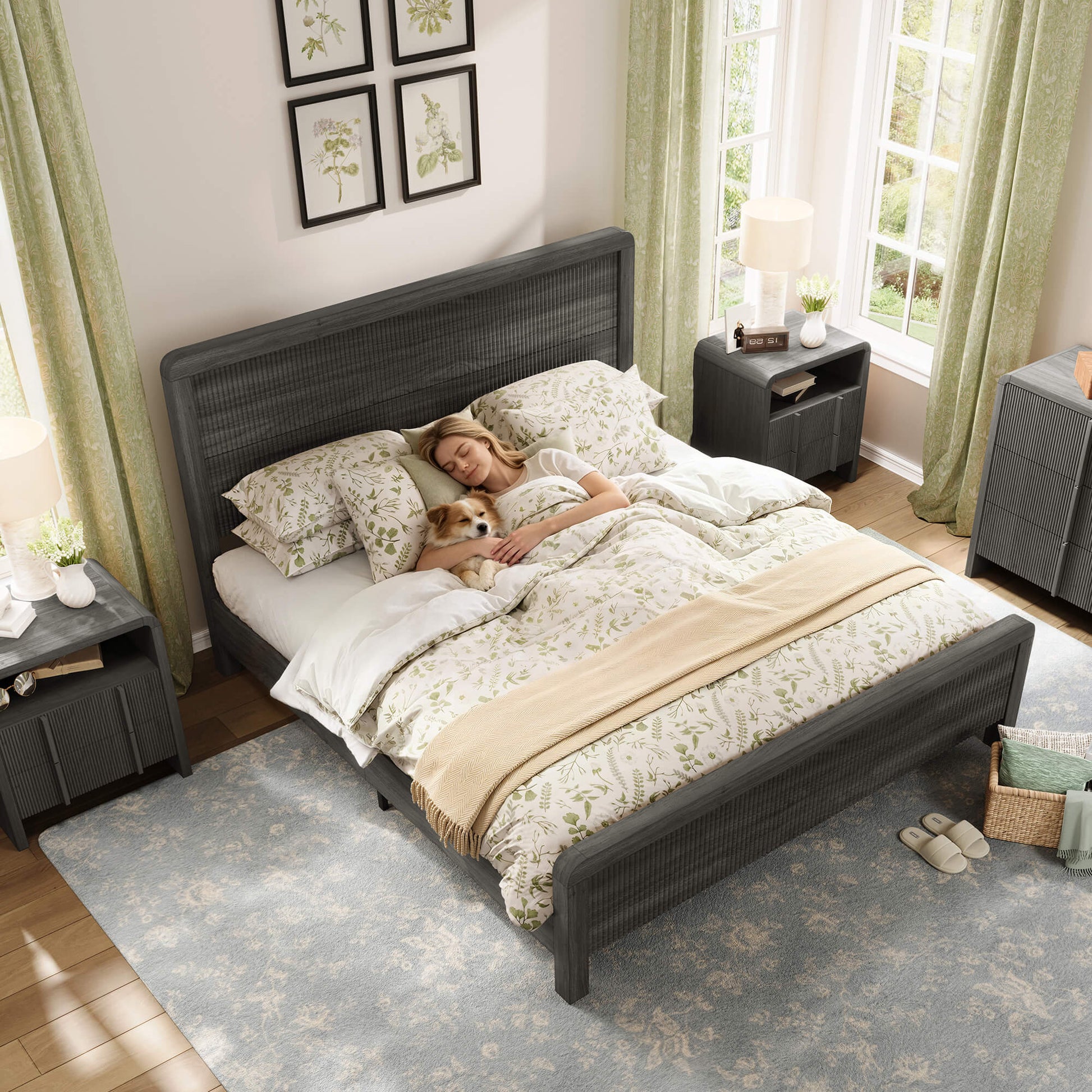 Fluvia Modern Fluted Wood Bed Frame-Black