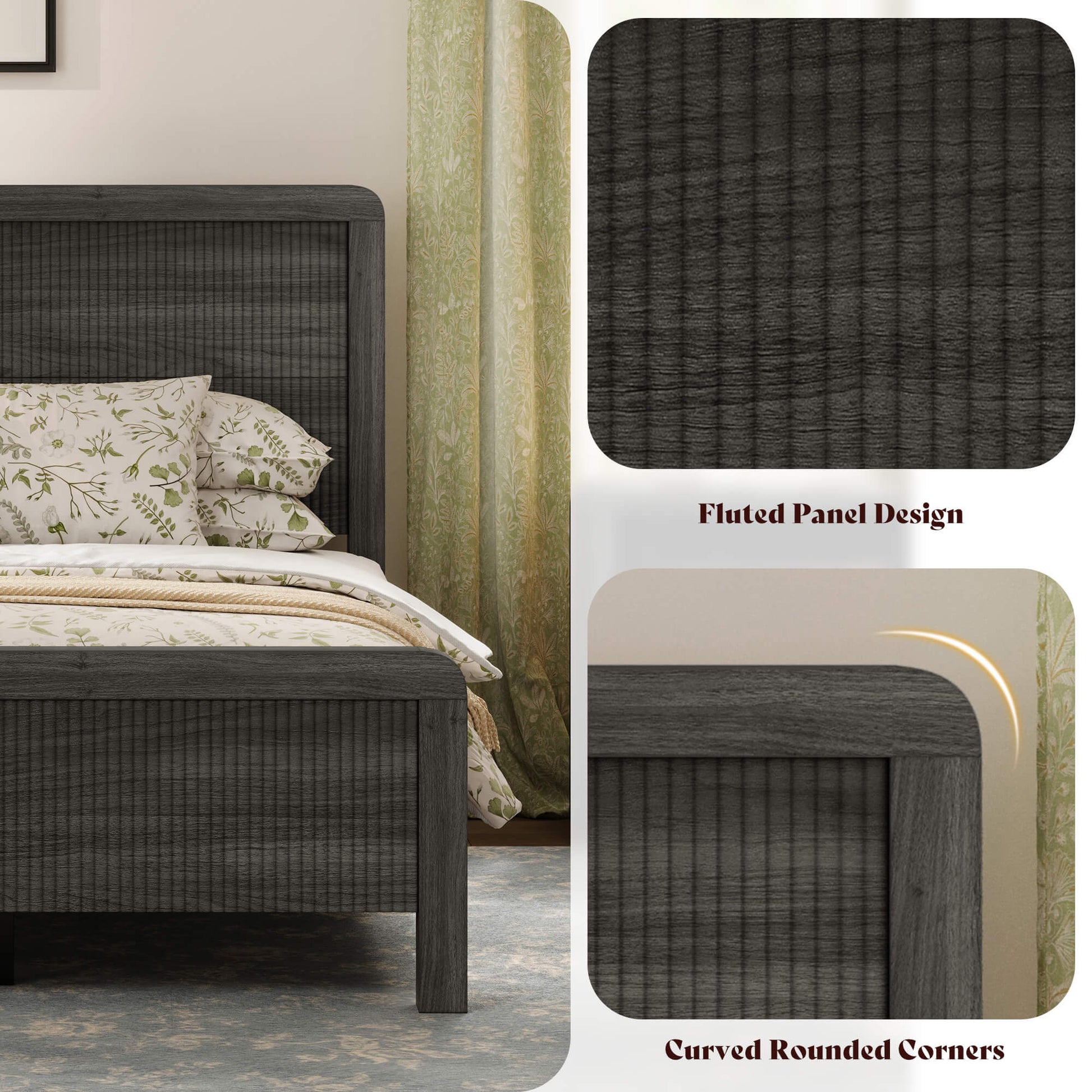 Fluvia Modern Fluted Wood Bed Frame-Black