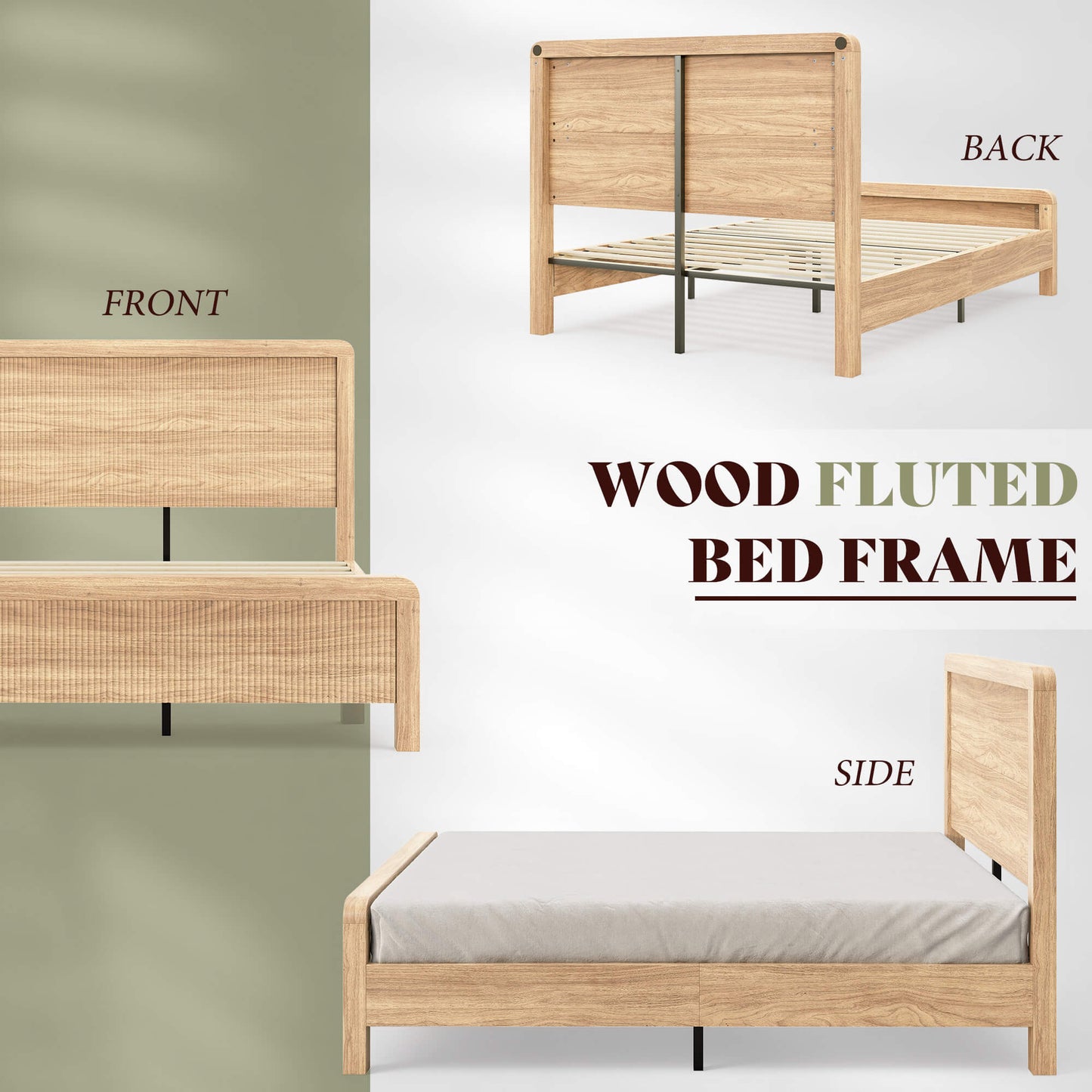 Fluvia Modern Fluted Wood Bed Frame-Natural Oak