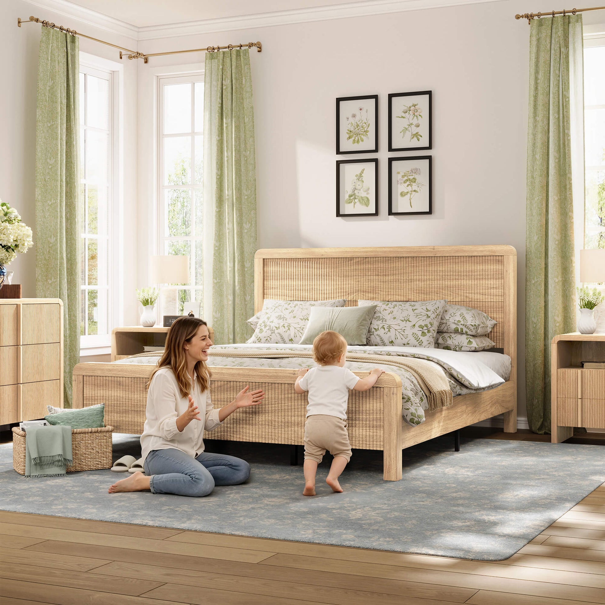 Fluvia Modern Fluted Wood Bed Frame-Natural Oak