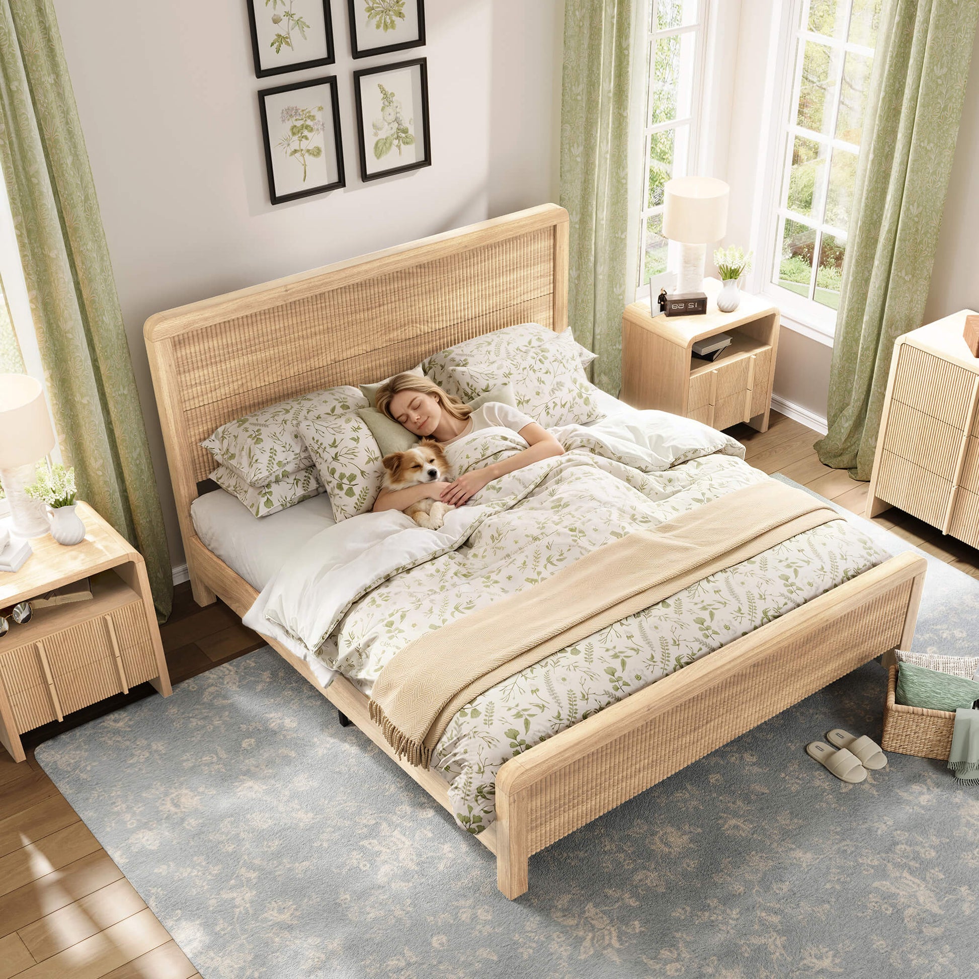 Fluvia Modern Fluted Wood Bed Frame-Natural Oak