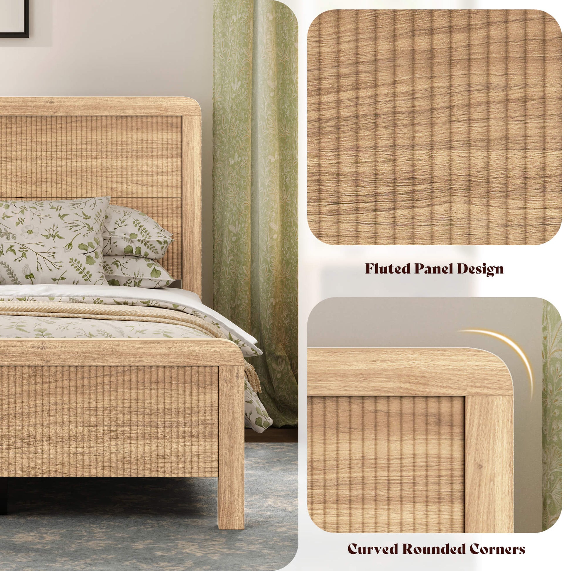 Fluvia Modern Fluted Wood Bed Frame-Natural Oak