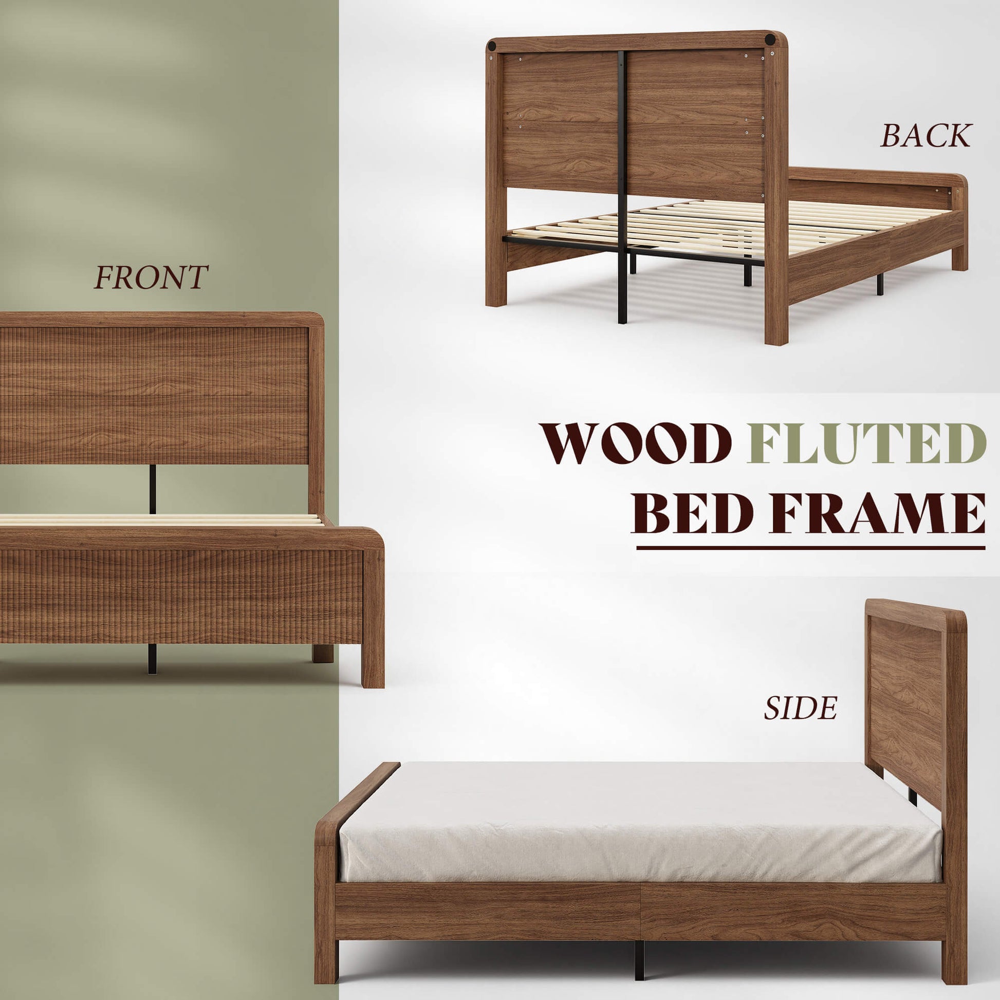 Fluvia Modern Fluted Wood Bed Frame-Walnut