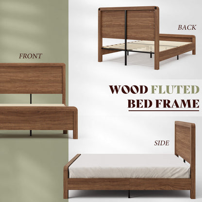 Fluvia Modern Fluted Wood Bed Frame-Walnut