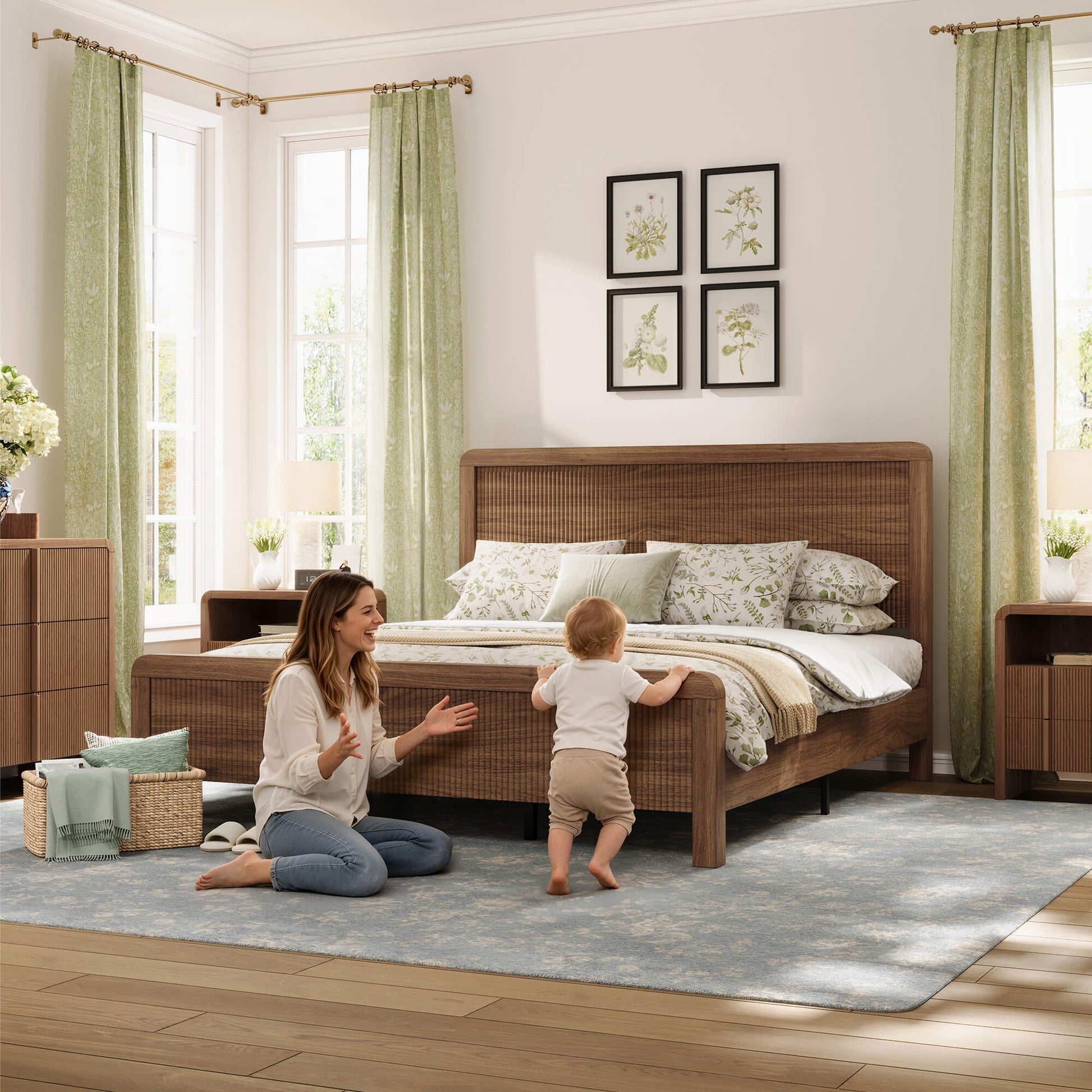 Fluvia Modern Fluted Wood Bed Frame-Walnut