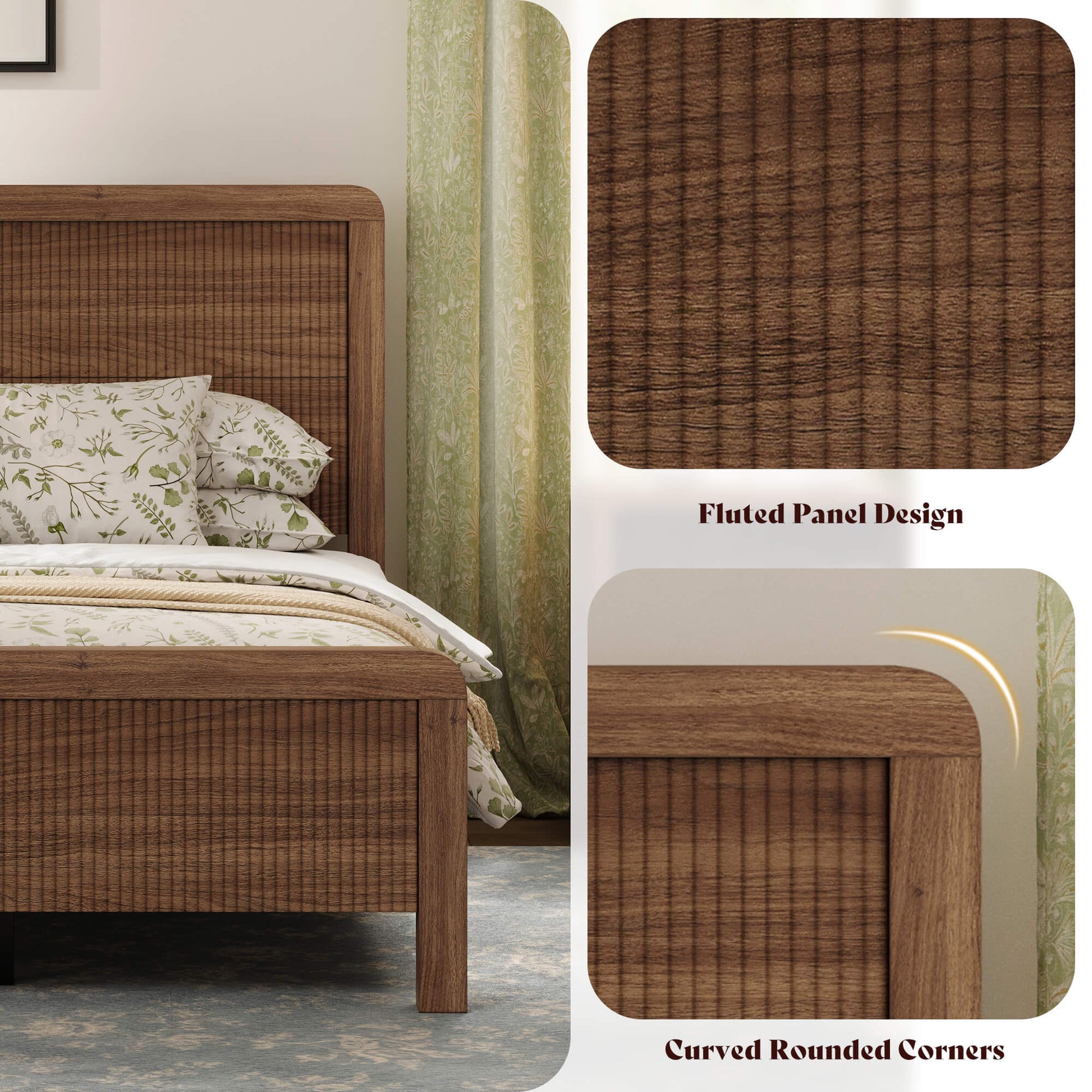 Fluvia Modern Fluted Wood Bed Frame-Walnut