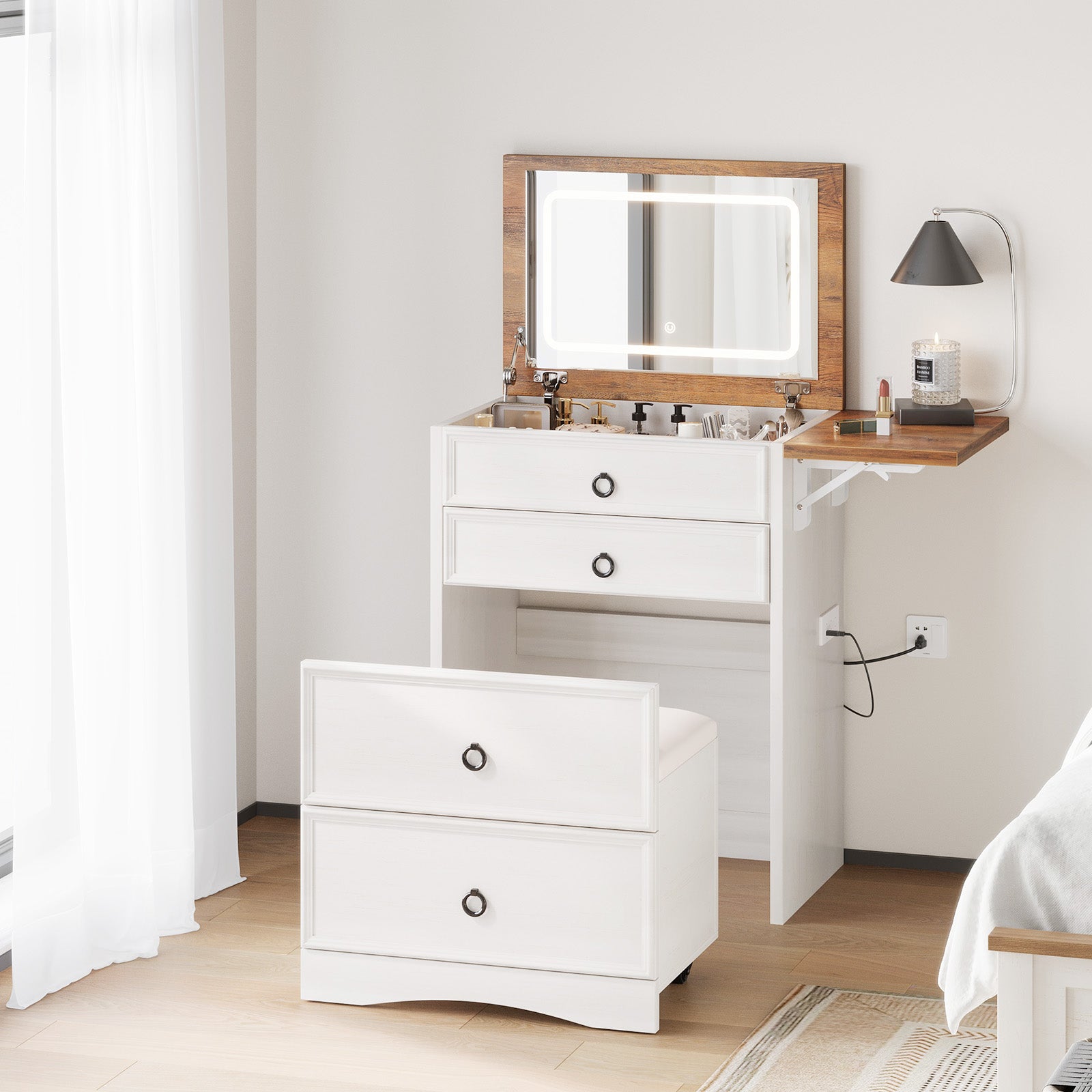 Amerlife Eyre 3 in 1 Makeup Vanity LED Lighted Flip Top Mirror Hidden Stool Small Makeup Table Rustic Grey Amerlife Eyre 3 in 1 Makeup Vanity LED Lighted Flip Top Mirror Hidden Stool Small Makeup Table Rustic Grey