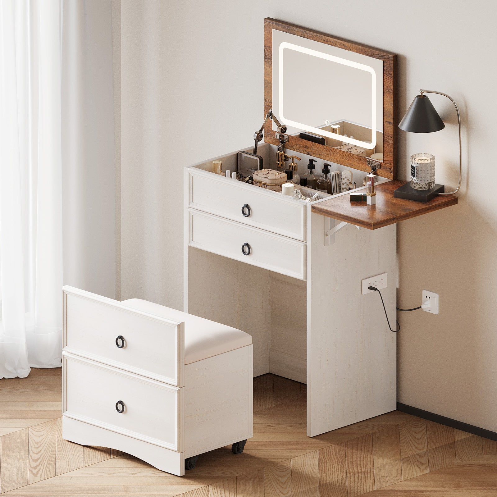 Amerlife Eyre 3 in 1 Makeup Vanity LED Lighted Flip Top Mirror Hidden Stool Small Makeup Table Rustic Grey Amerlife Eyre 3 in 1 Makeup Vanity LED Lighted Flip Top Mirror Hidden Stool Small Makeup Table Rustic Grey