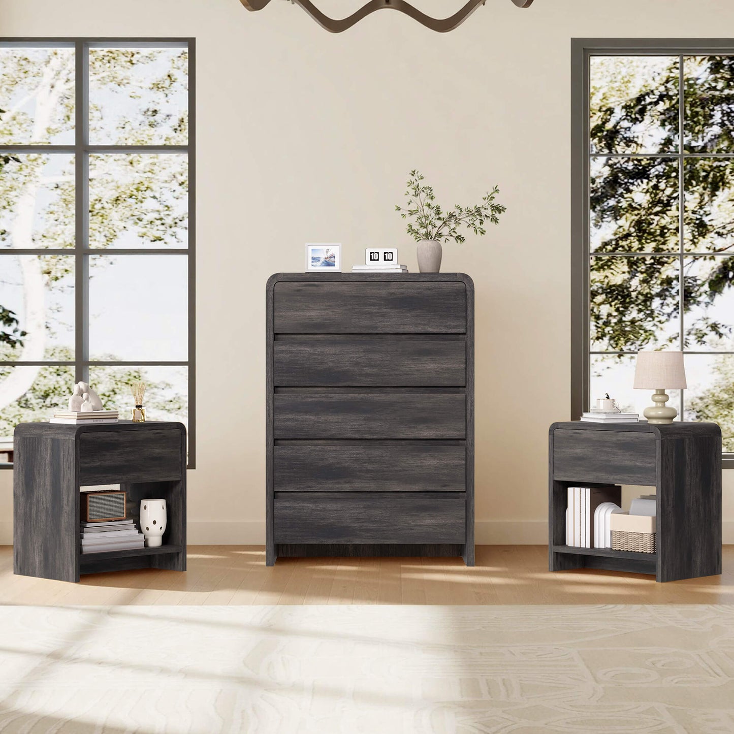 Garyon Modern Bedroom Furniture Set -5+2Black