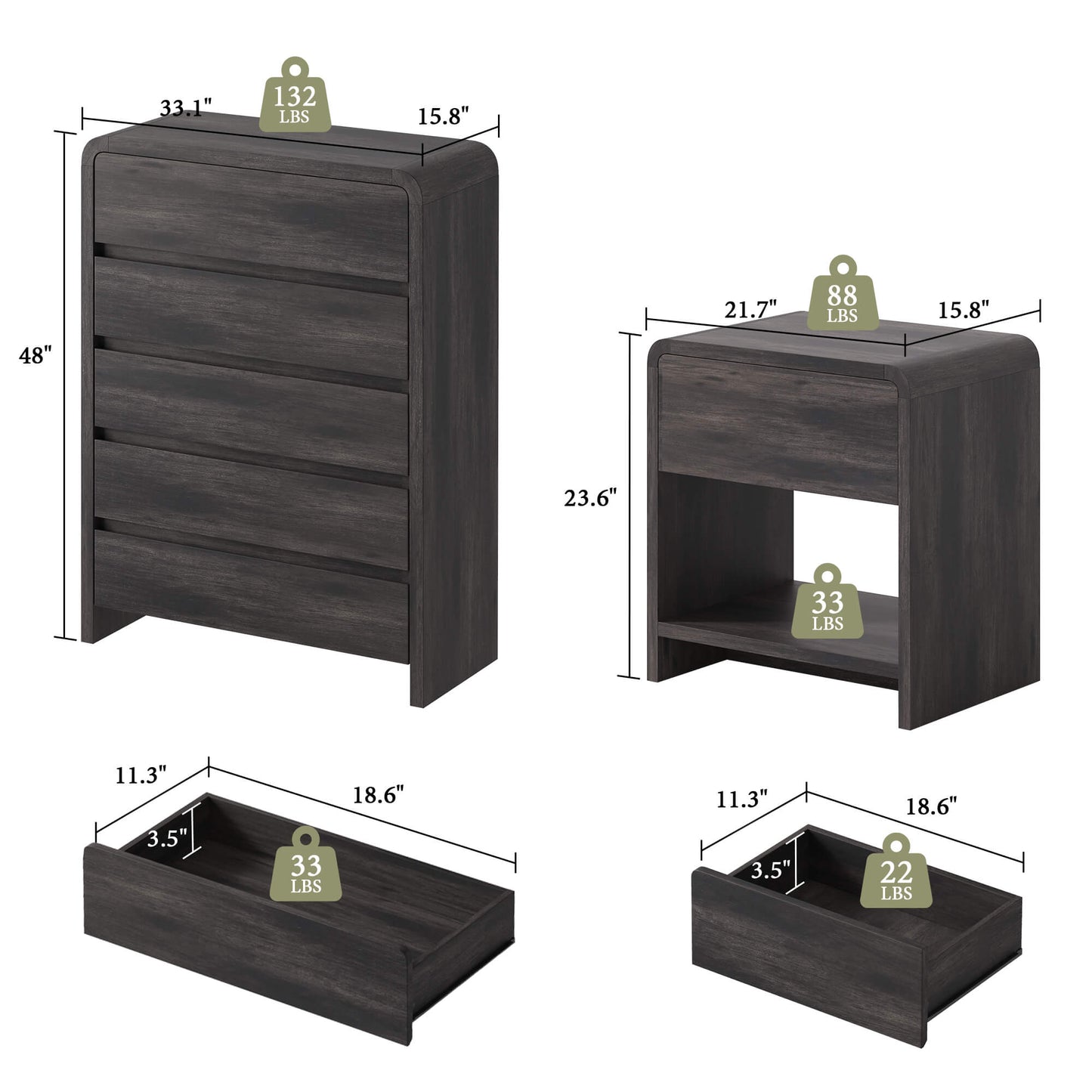 Garyon Modern Bedroom Furniture Set -5+2Black