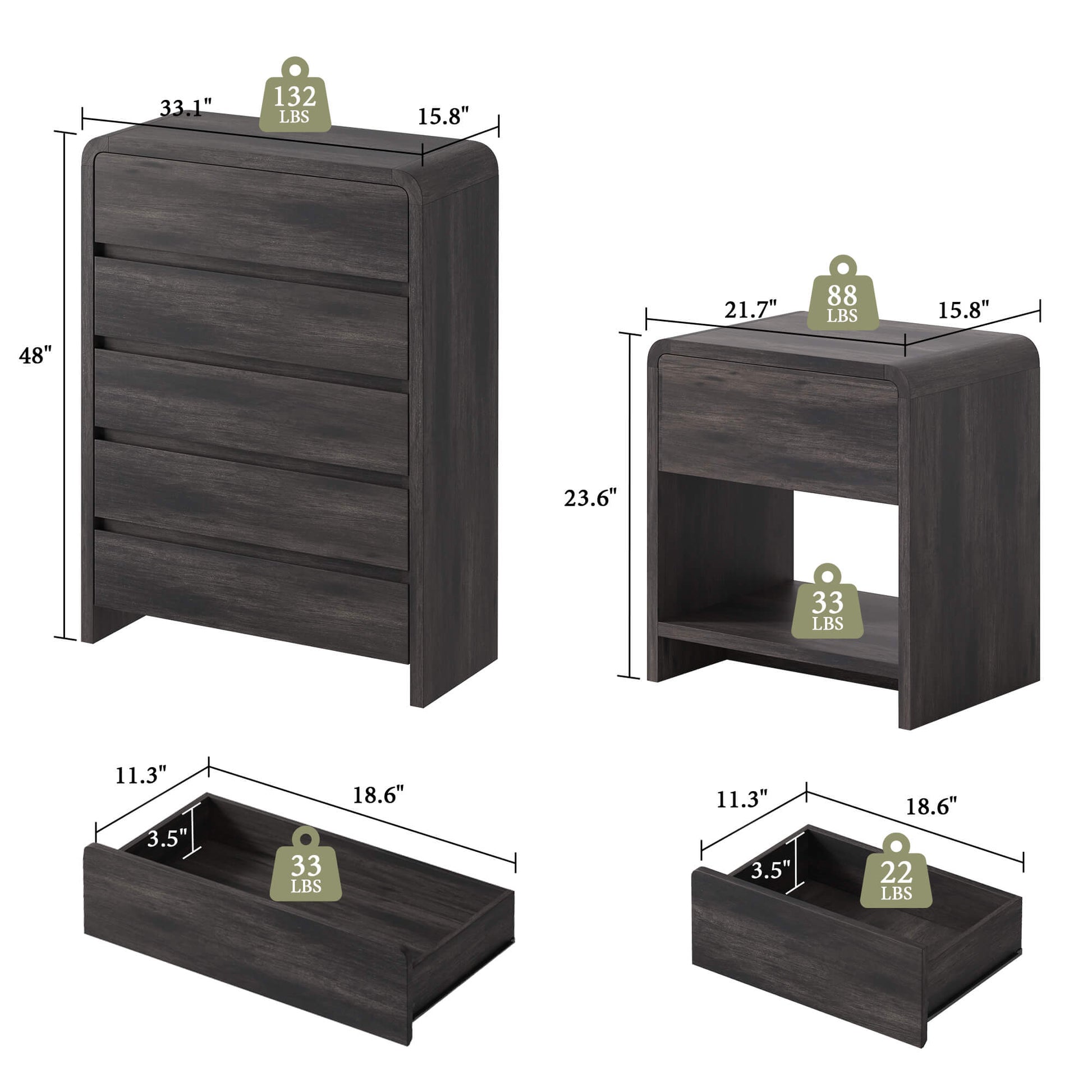 Garyon Modern Bedroom Furniture Set -5+2Black