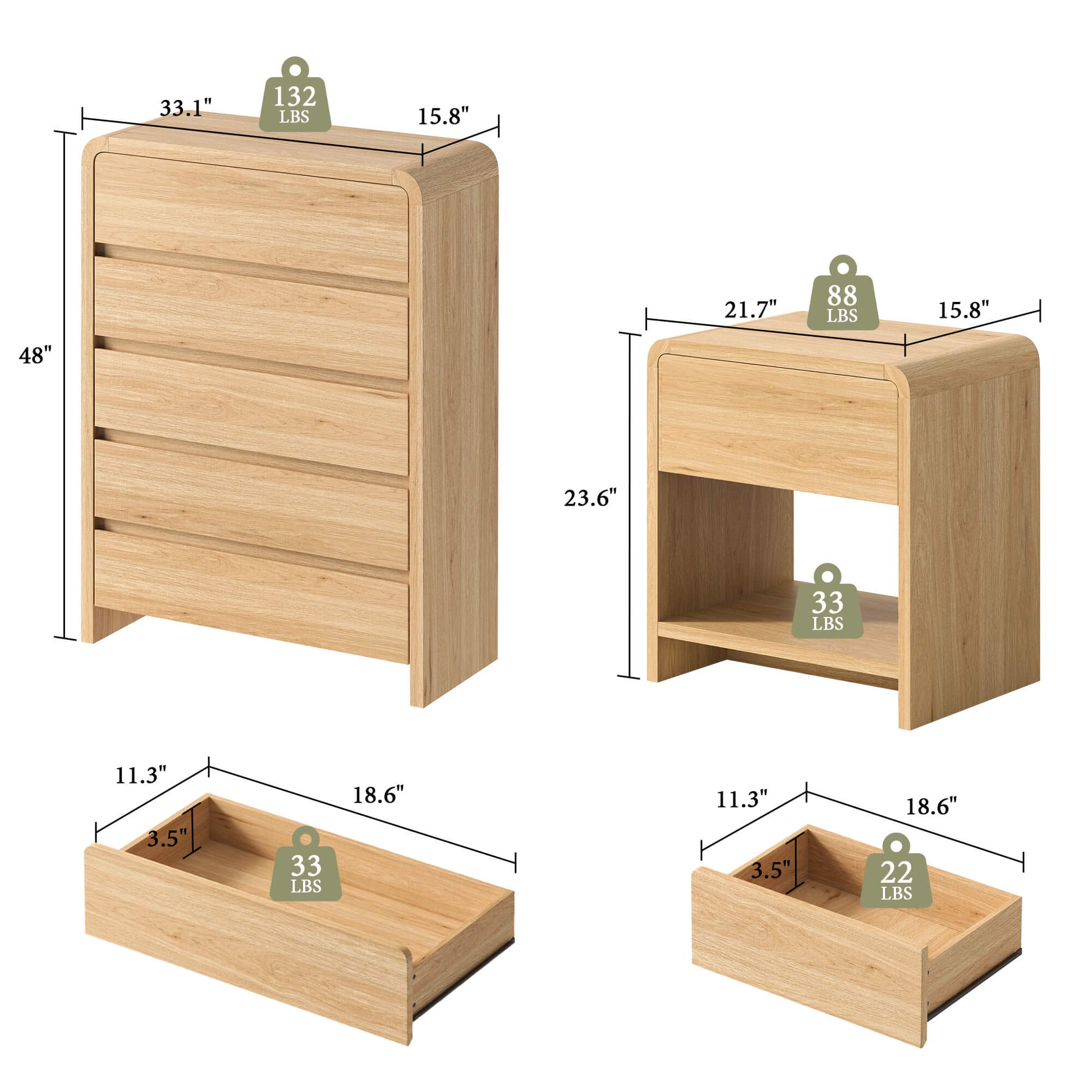 Garyon Modern Bedroom Furniture Set -5+2LightOak
